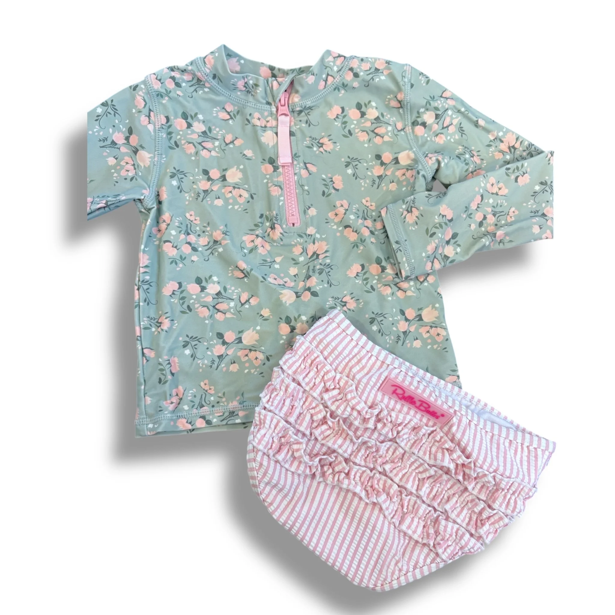 Size 4 Ruffle butts sage/pink floral two piece rash guard with stripe bottoms