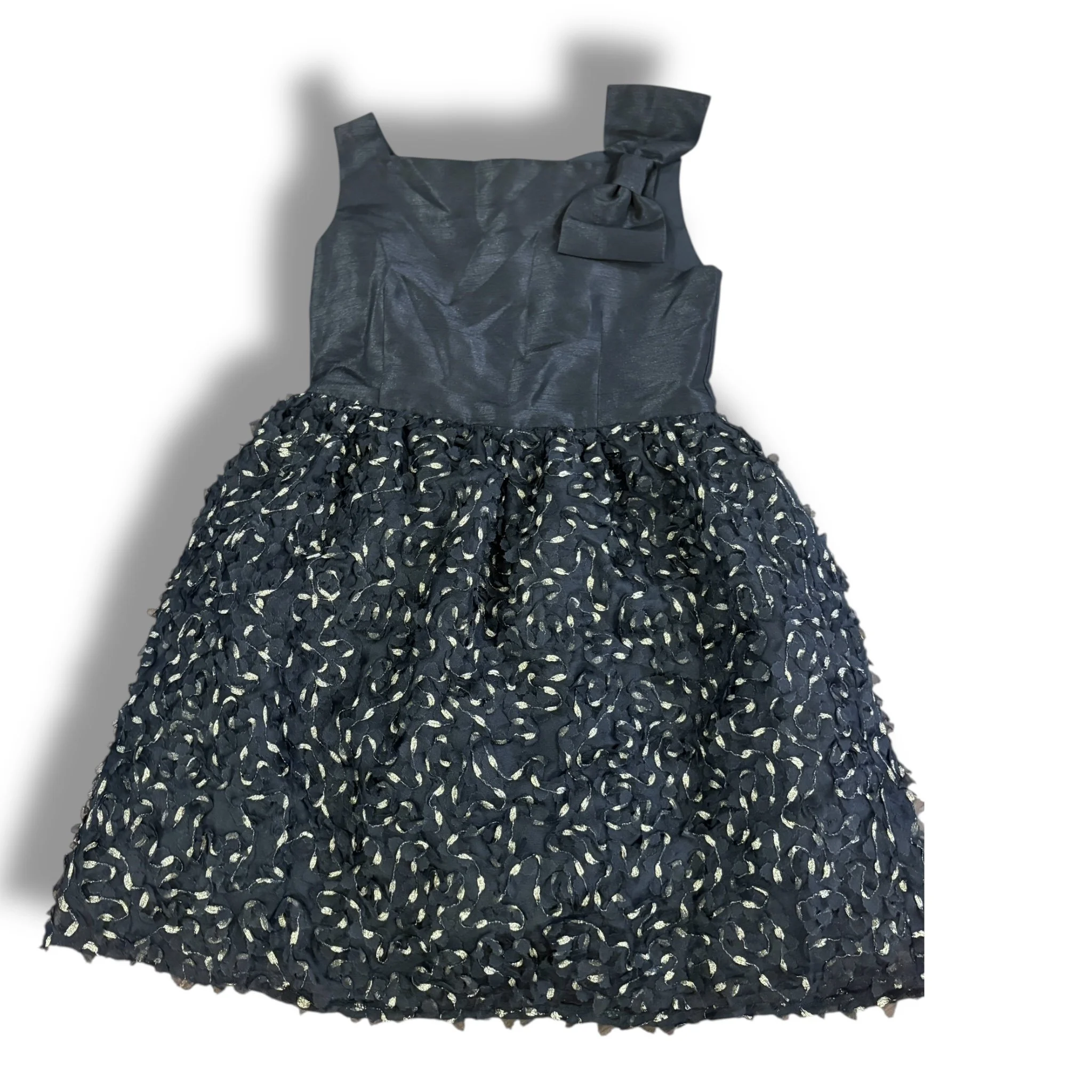 Size 8 Badgley mischka black silk tafetta top dress with shoulder bow, skirt with cut outs