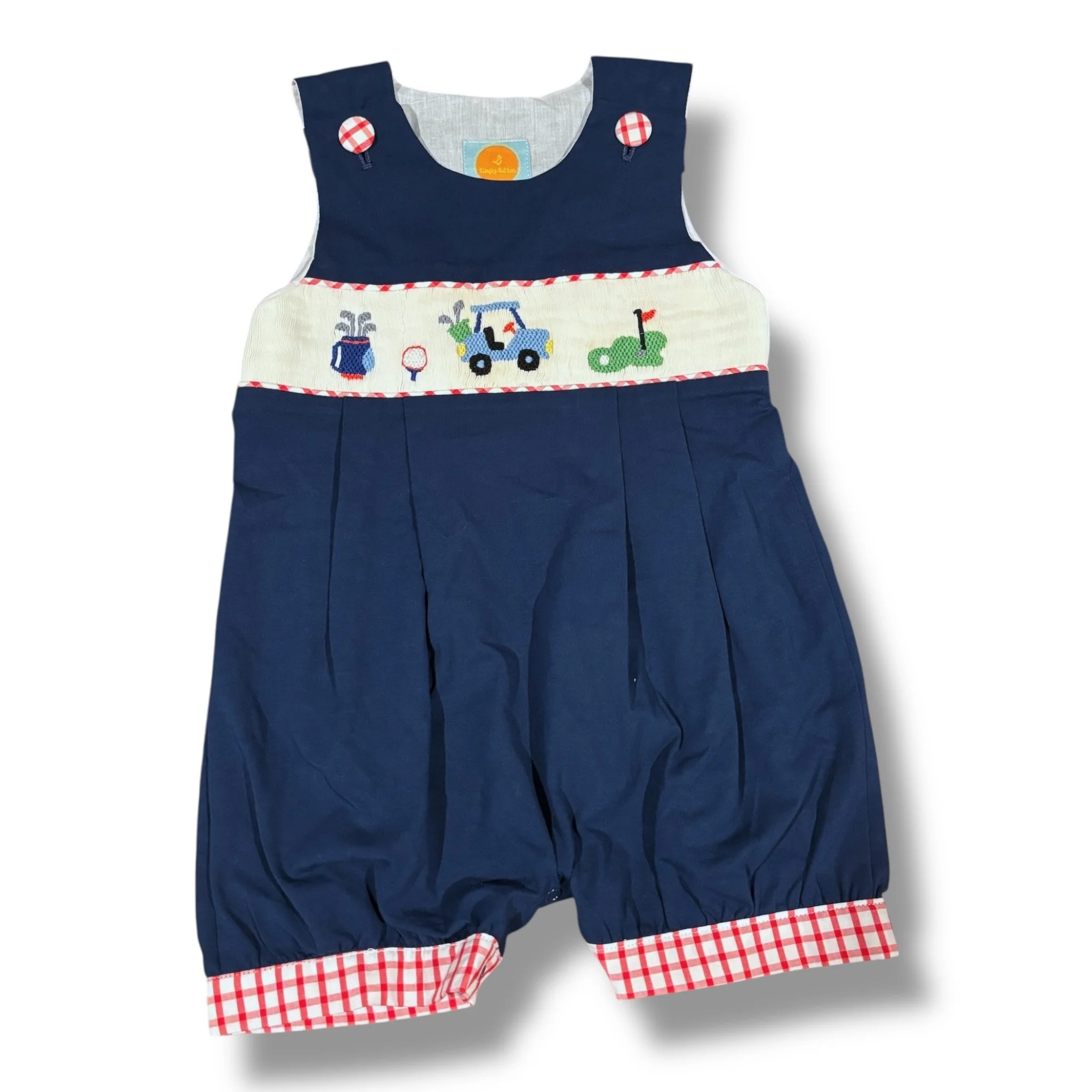 Size 18 month Simply Sutton navy romper w/ smocked golf items, red/white trim NWT