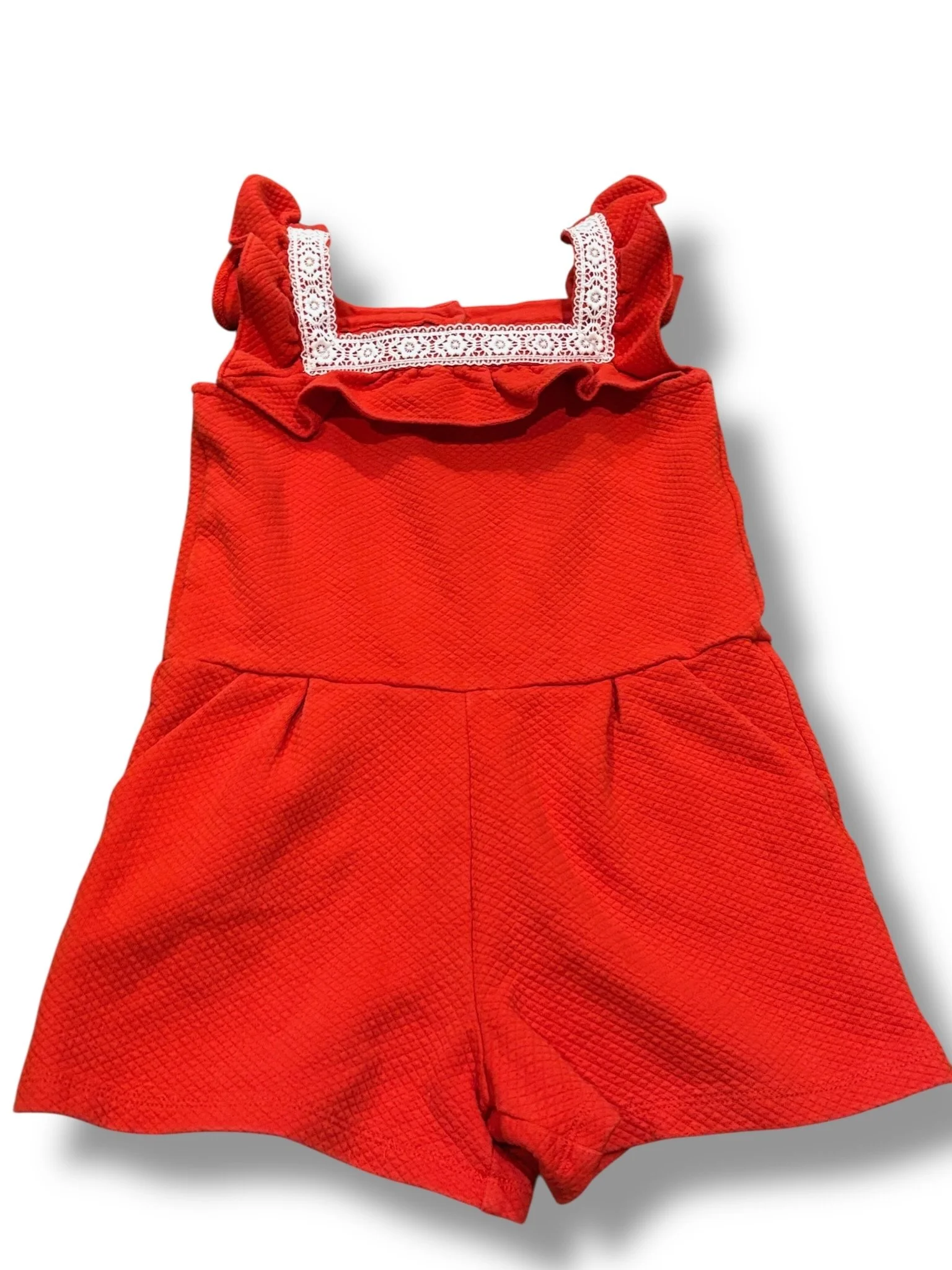 Size 6 Janie and Jack red quilted romper w/ white eyelet trim