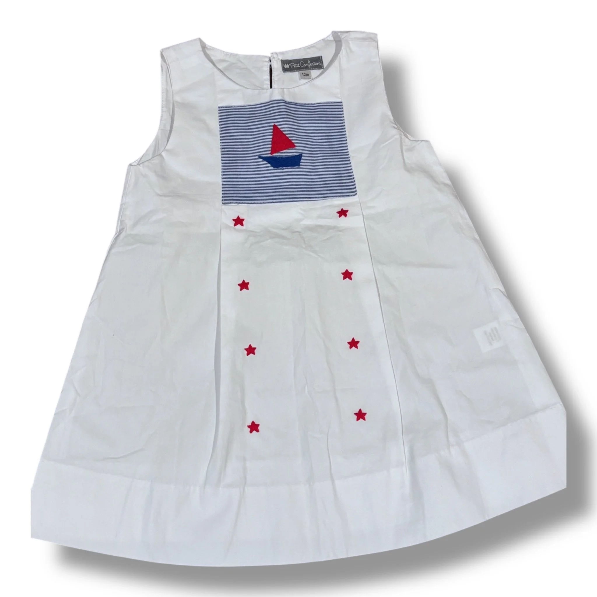 Size 12 month Petit Confection white dress w/ sailboat, red stars