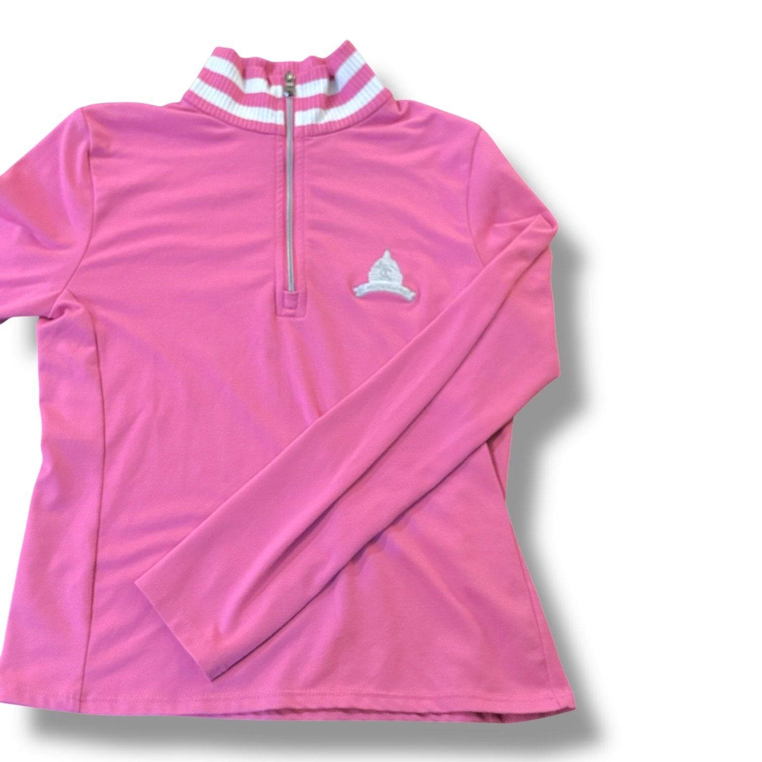 Size 8-10 Ralph Lauren pink quarter zip w/ pink/white striped collar, Congressional golf logo