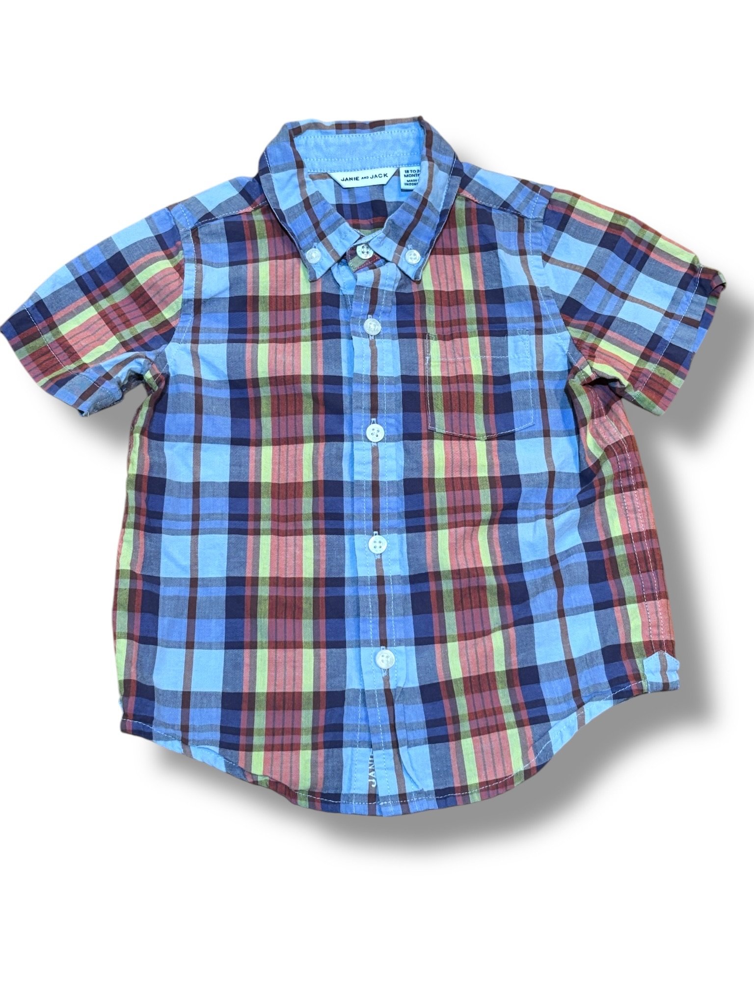 Size 18-24 month Janie and Jack blue, red, yellow, brown plaid short-sleeve button down