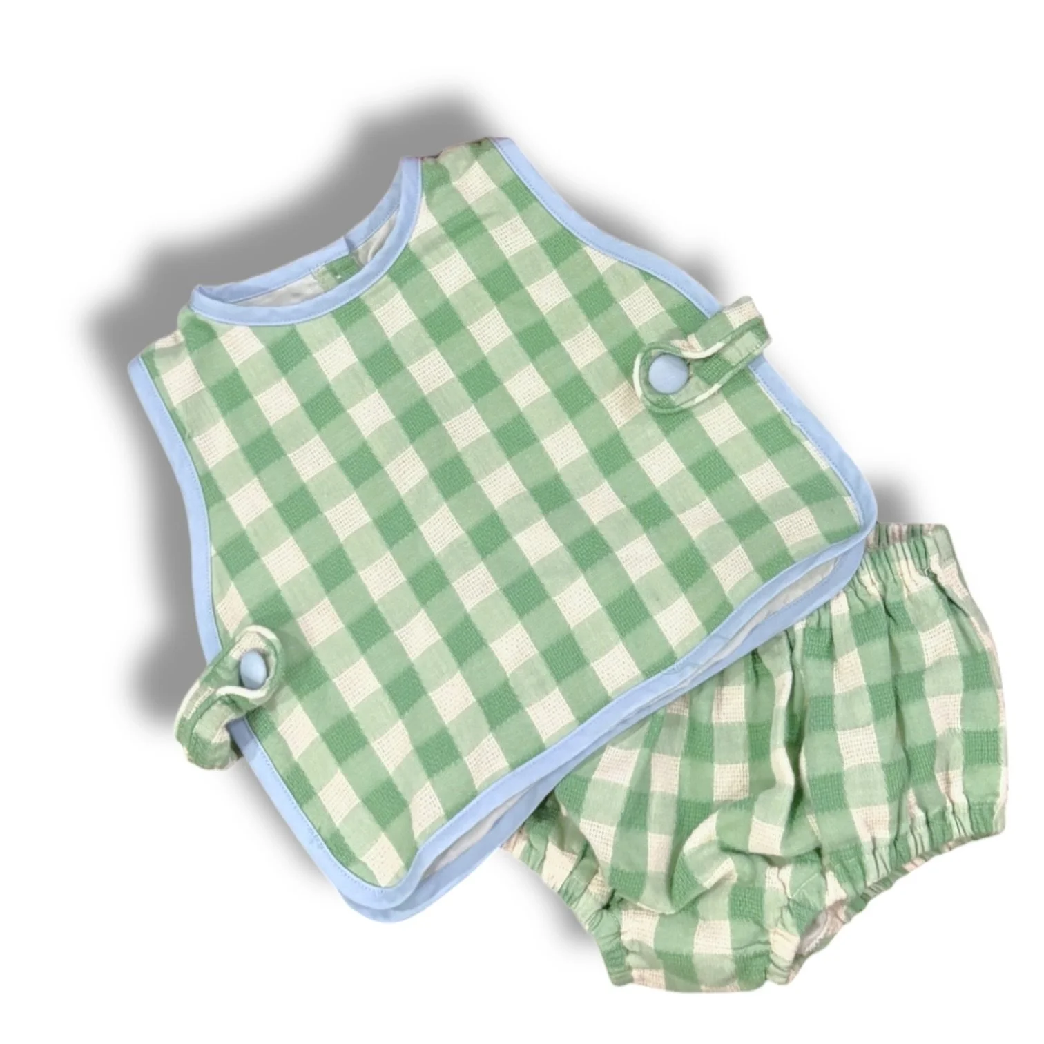 Size 3 month Cecil and lou green/cream check, tank and bloomer set, blue trim