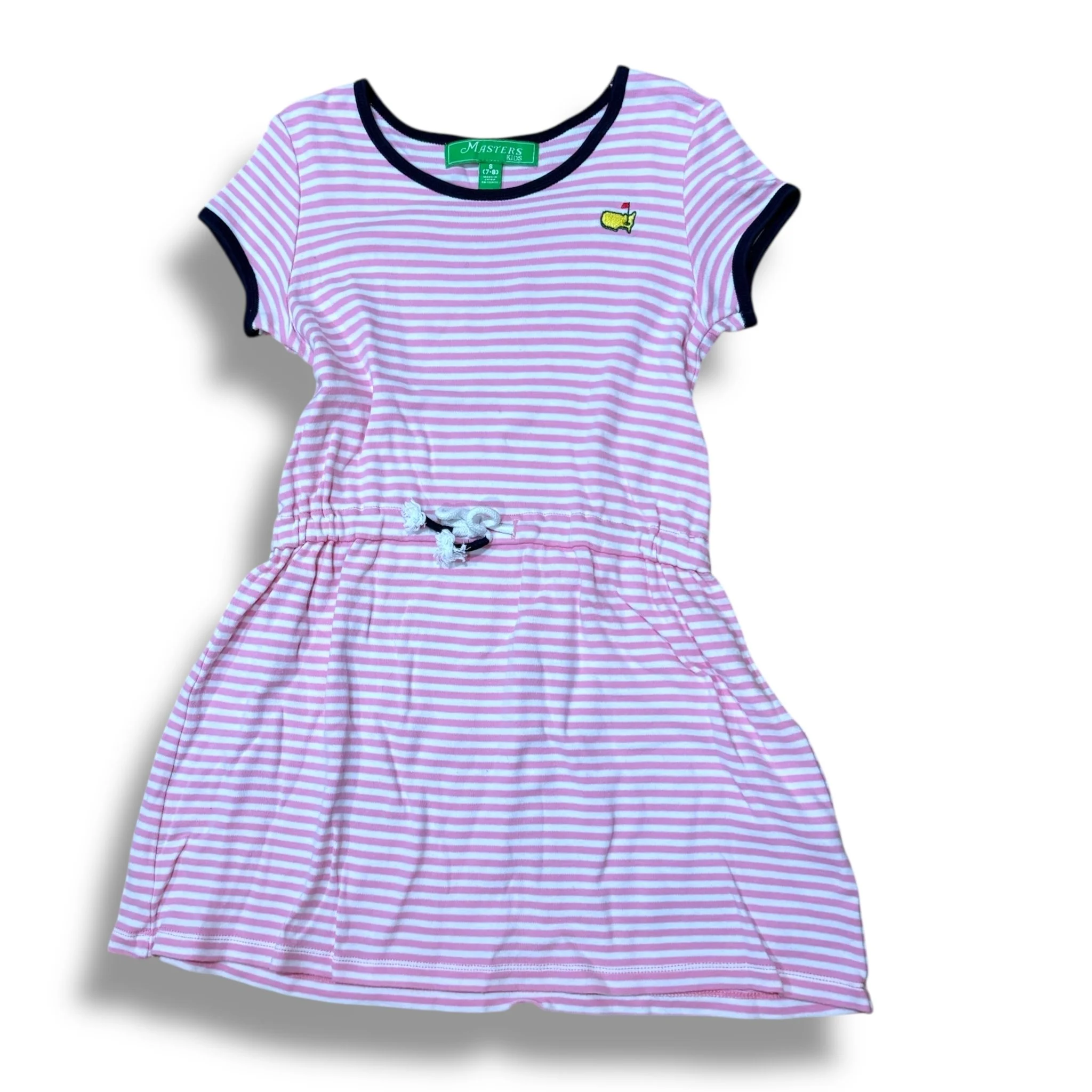 Size 7/8 Masters pink/white striped short sleeve dress with navy trim and cinch waist
