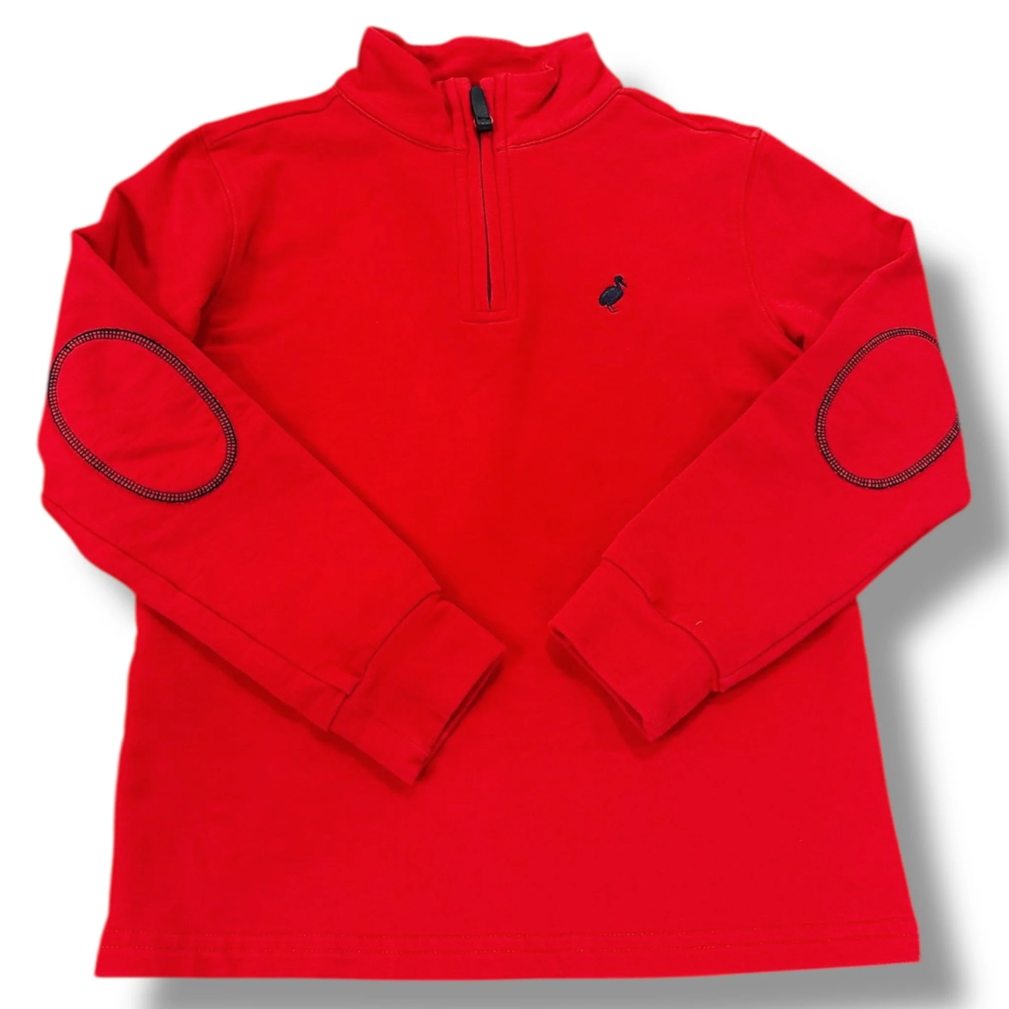 Size 6 TBBC red quarterzip pullover with navy accents, very light fade