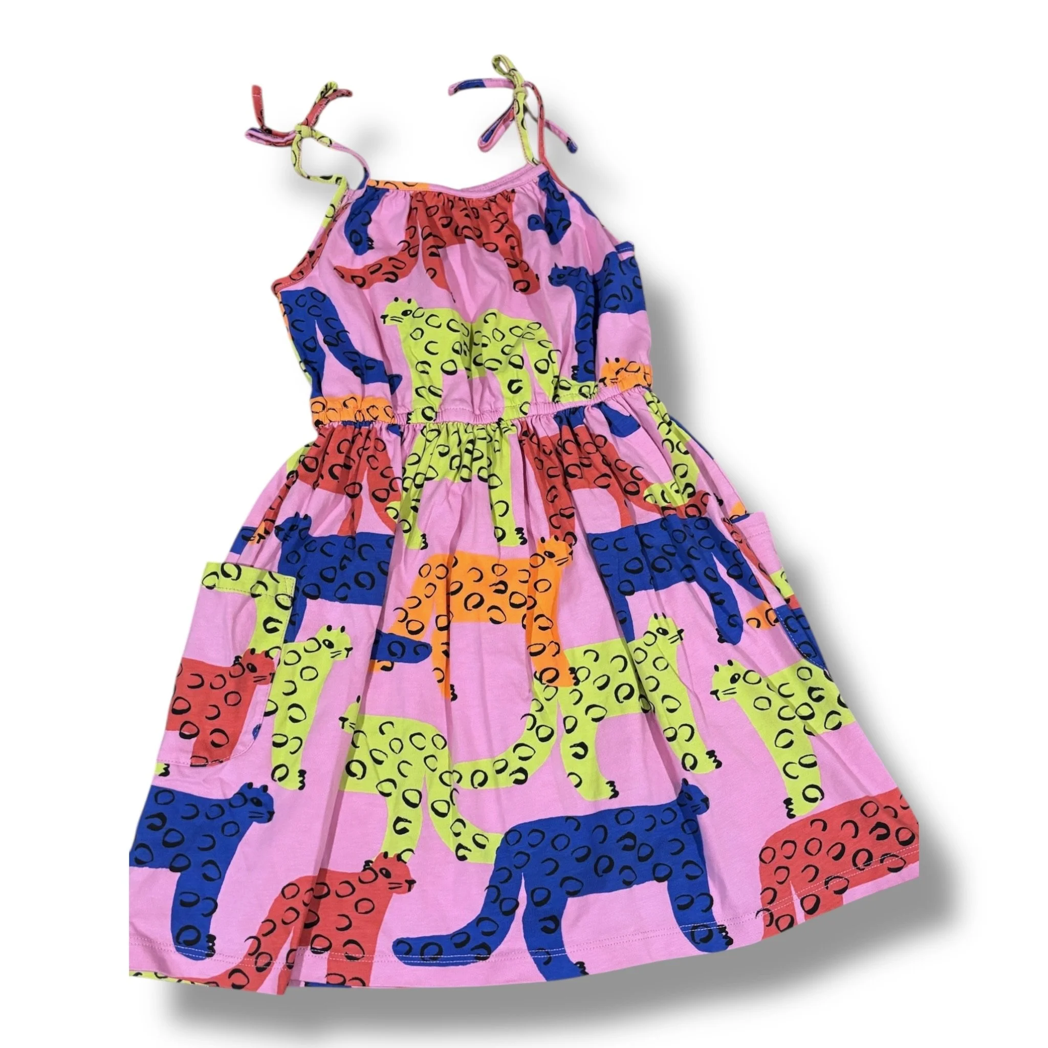 Size 5 Tea Collection pink dress w/ yellow/orange/blue cheetahs, tie straps