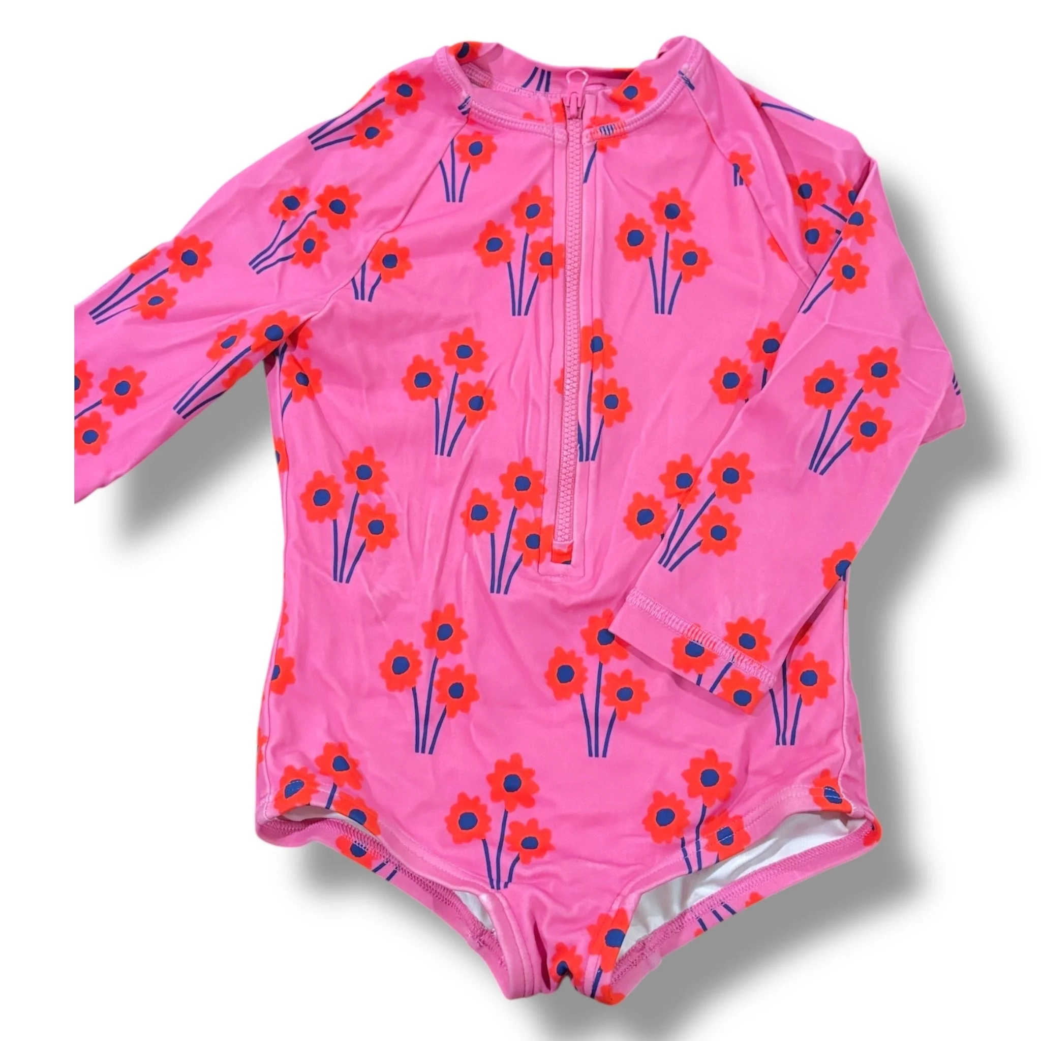 Size 3T Hanna Andersson hot pink rash guard suit w/ red/navy flowers