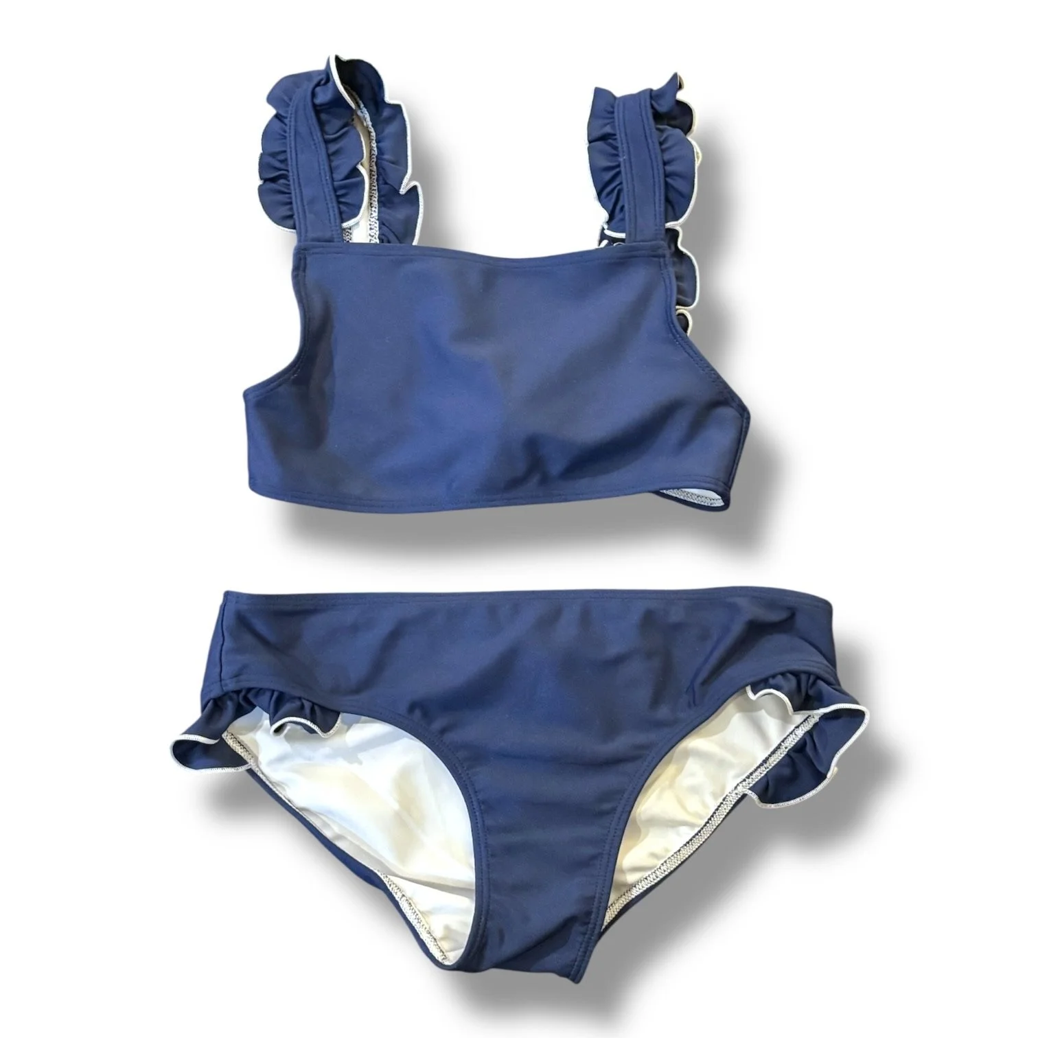 Size 9-10 Minnow navy blue  w/ white trim two-piece swim suit