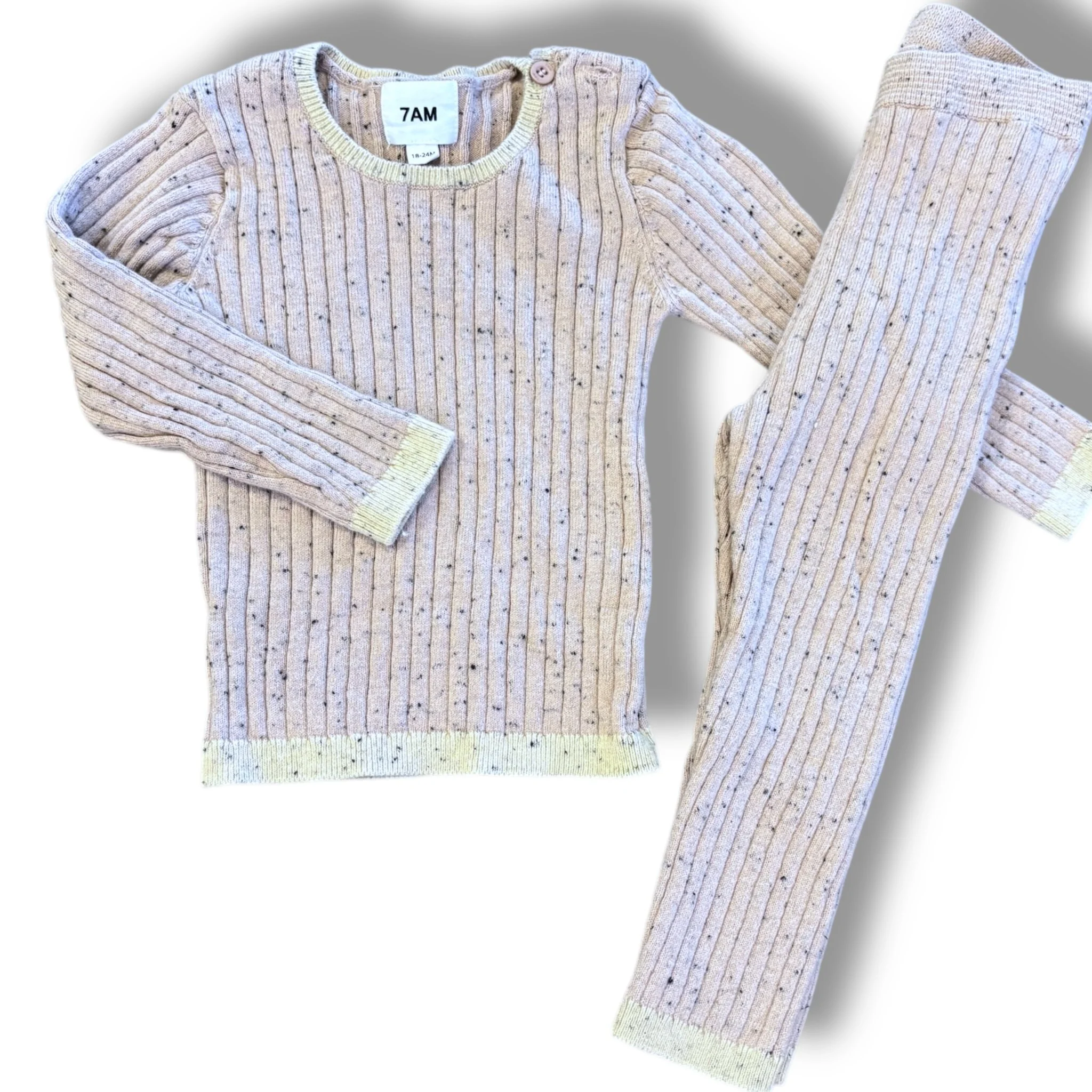 Size 18-24 month 7 AM dusty pink, speckled ribbed long sleeve pant set
