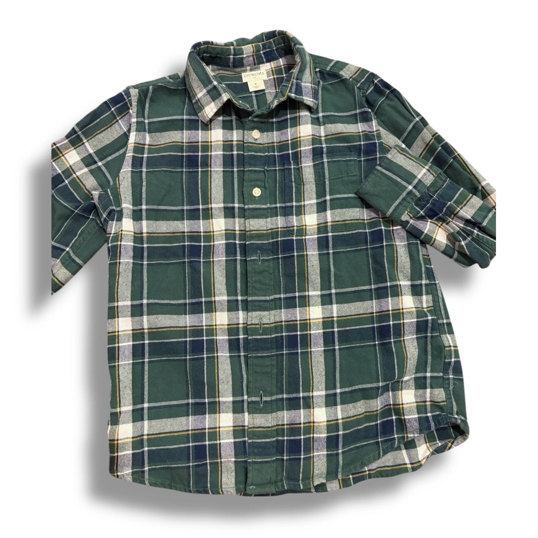 Size 8 Crewcuts navy/green/cream plaid flannel button up
