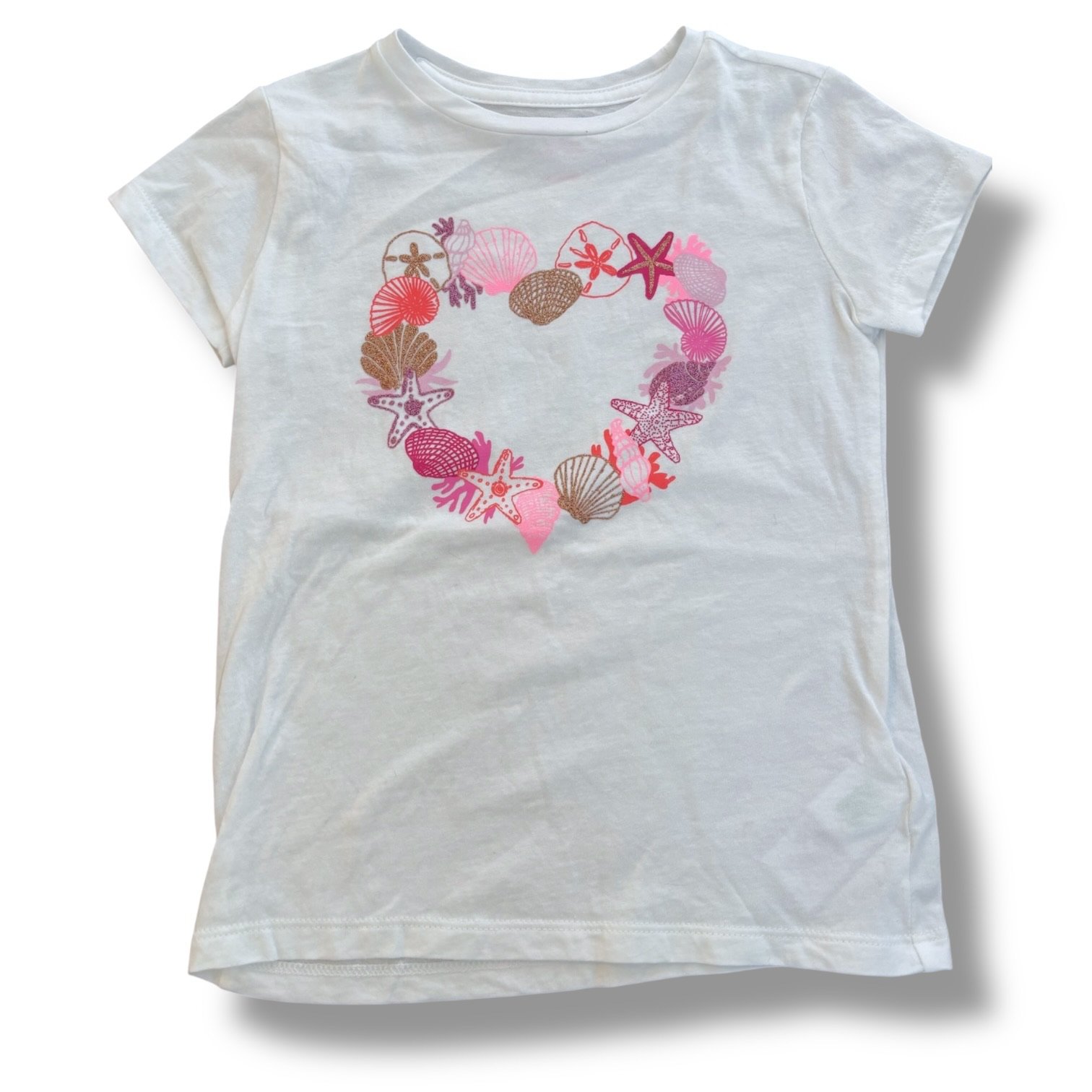 Size 4-5 Crewcuts white tee w/ pink/purple/gold seashells