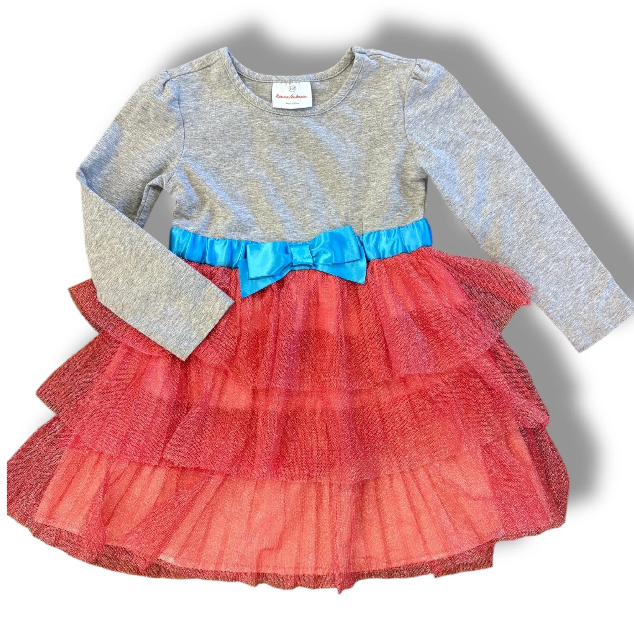Size 4 Hanna Andersson grey knit top and pink tulle tiered skirt dress, blue waist bow