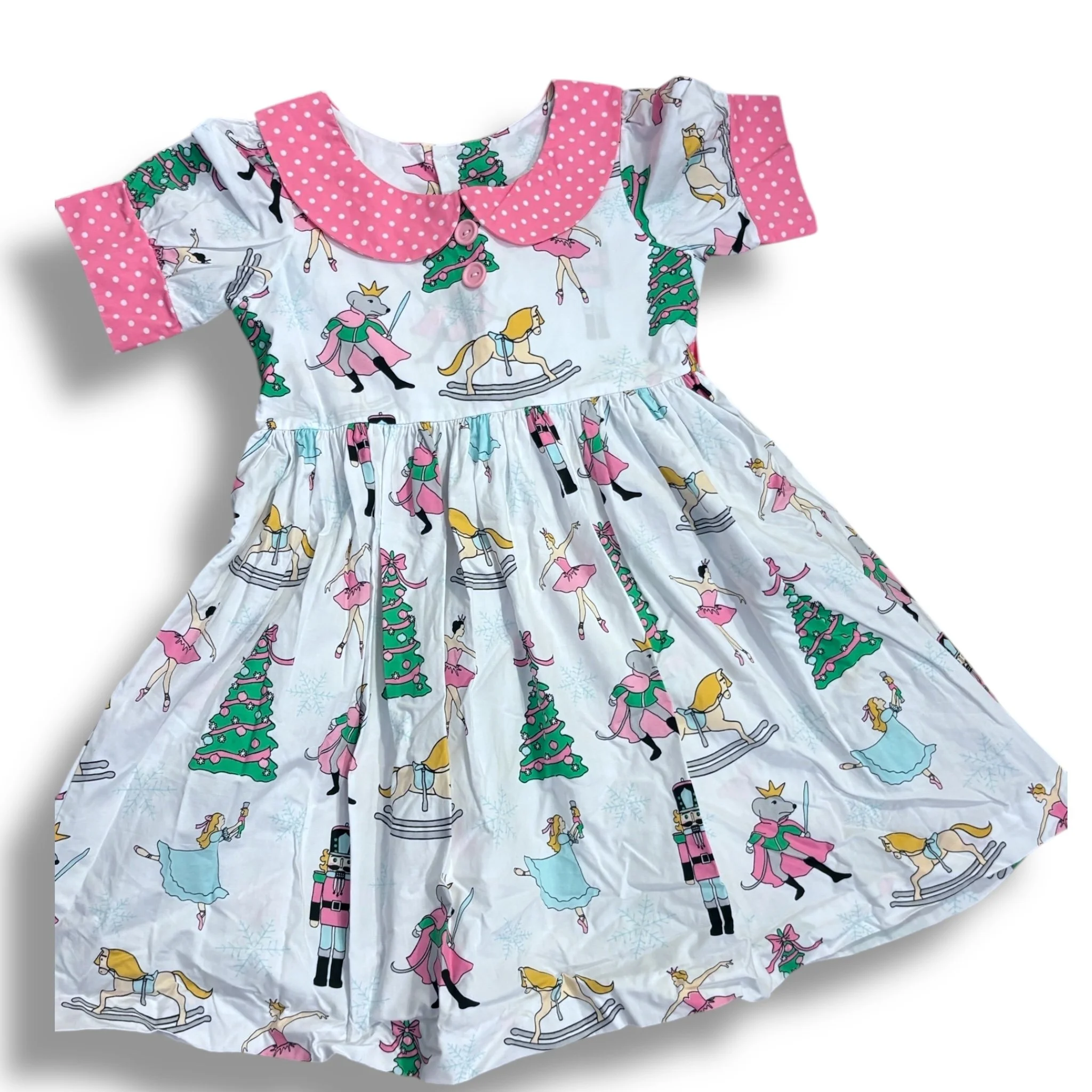 Size 7-8 Eleanor rose white dress with nutcracker pictures, pink collar