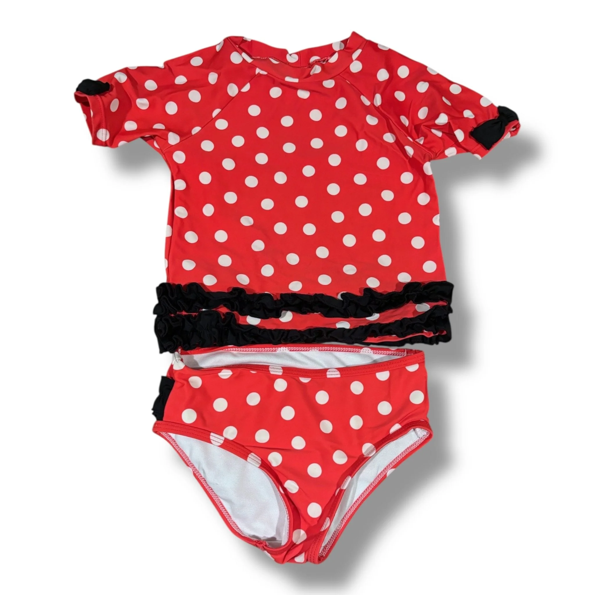 Size 3T Ruffle Butts red/white polka dot w/ black ruffles two-piece swimsuit (