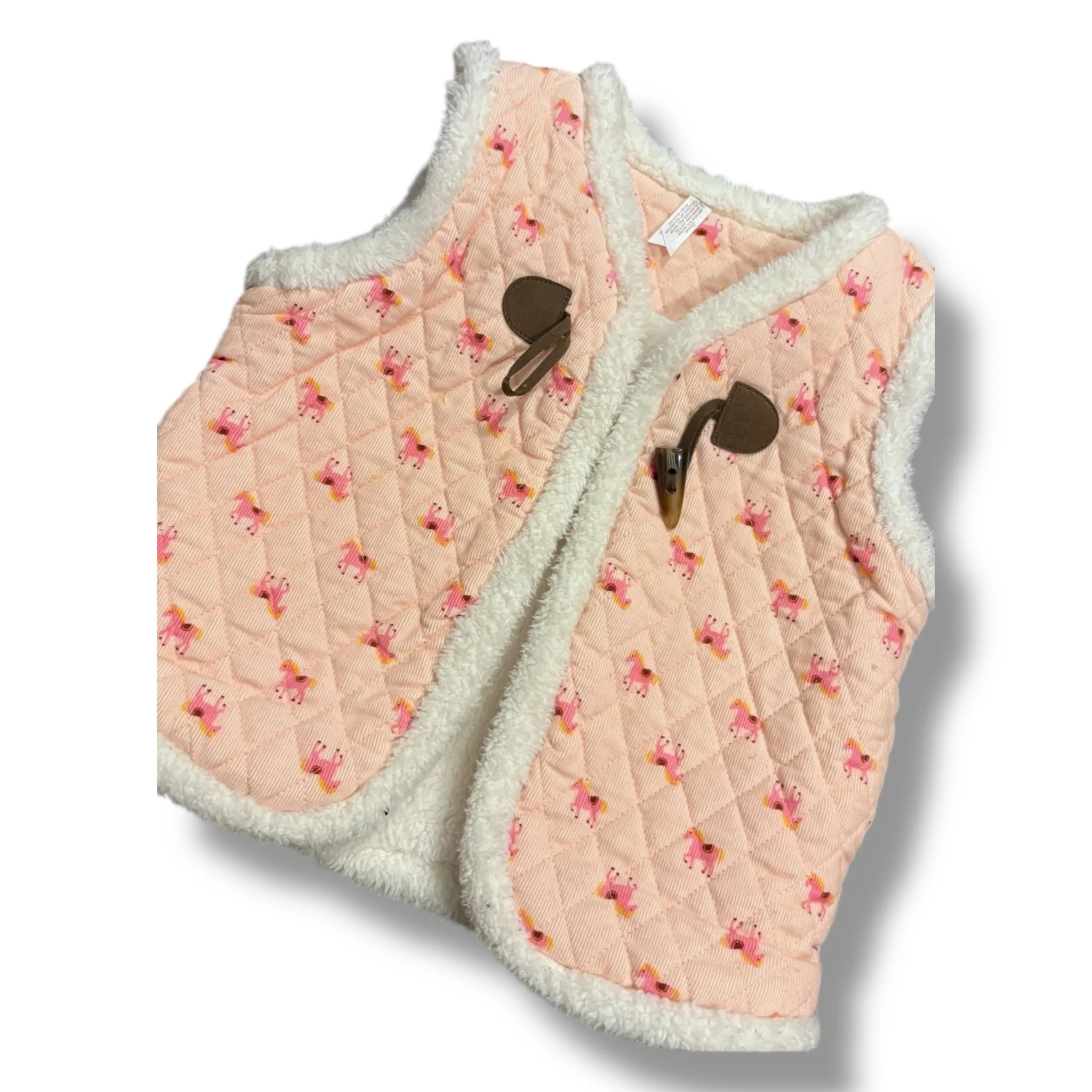 Size 6 Matilda jane pink vest with sherpa reverse, horses