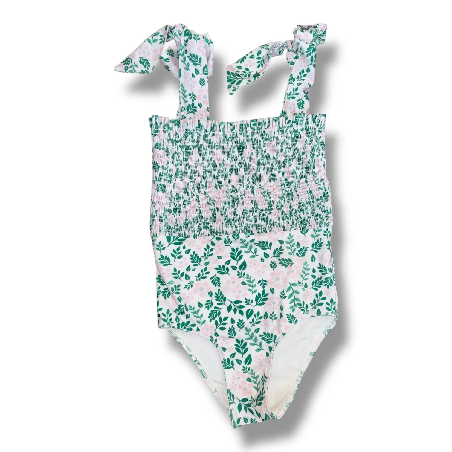 Size 7 Cecil & Lou white smocked swimsuit w/ green/pink flowers, ties at shoulders