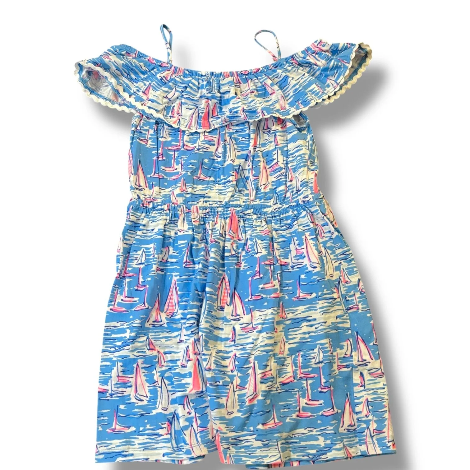 Size 10 Lilly Pulitzer off the shoulder dress w/ pink sailboats, ocean