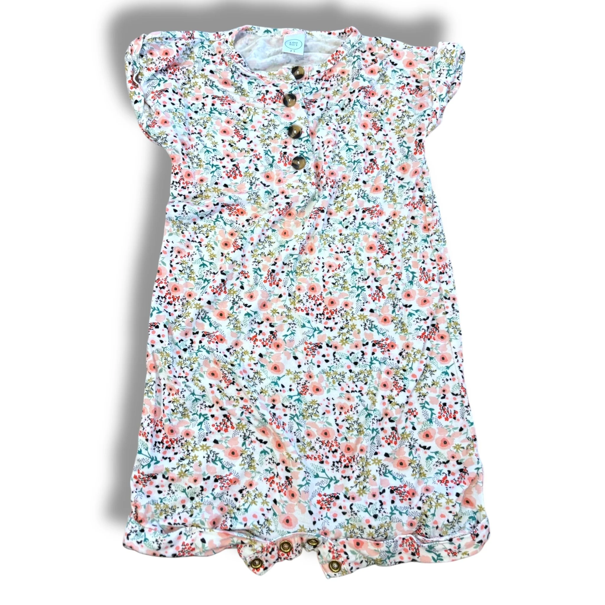Size 2 Lou lou white pink floral short romper with wooden buttons