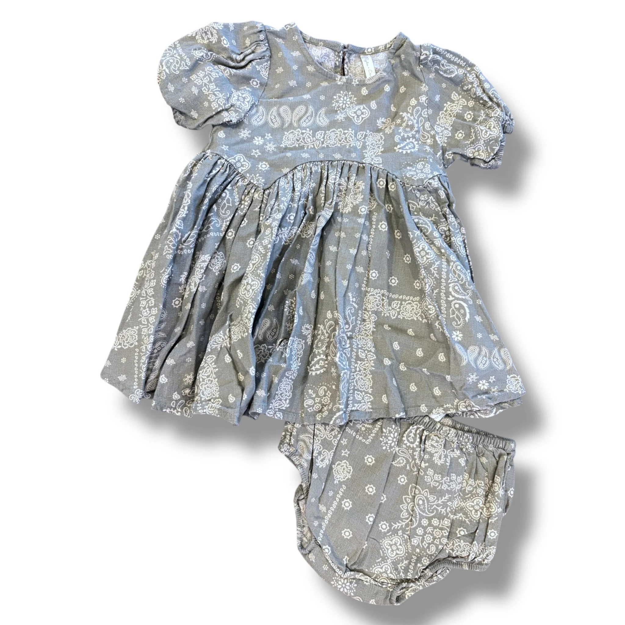Size 12-18 month Rylee and cru sage/cream paisley dress with bloomers