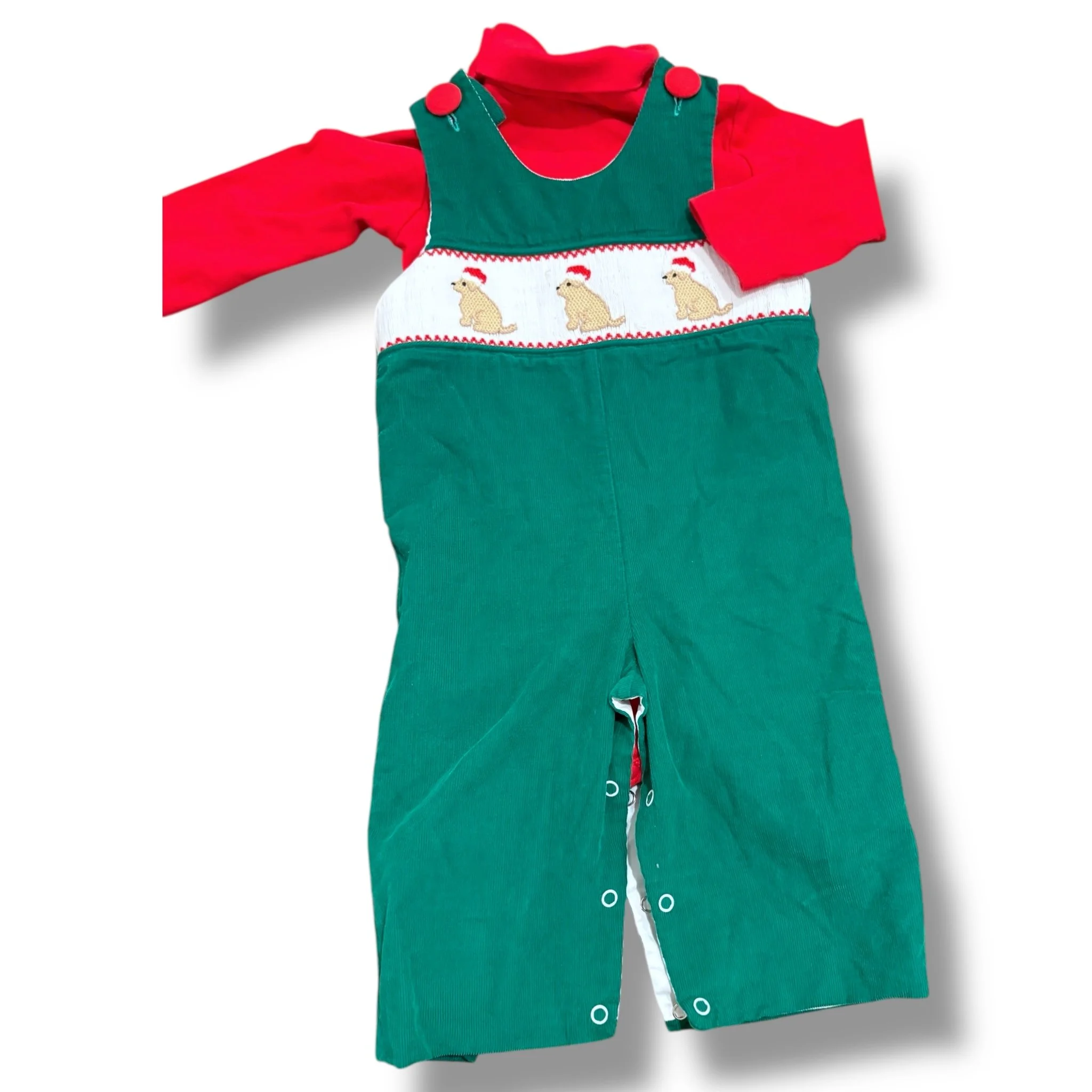 Size 6 month Stitchy fish green corduroy dog smocked longall with red turtleneck