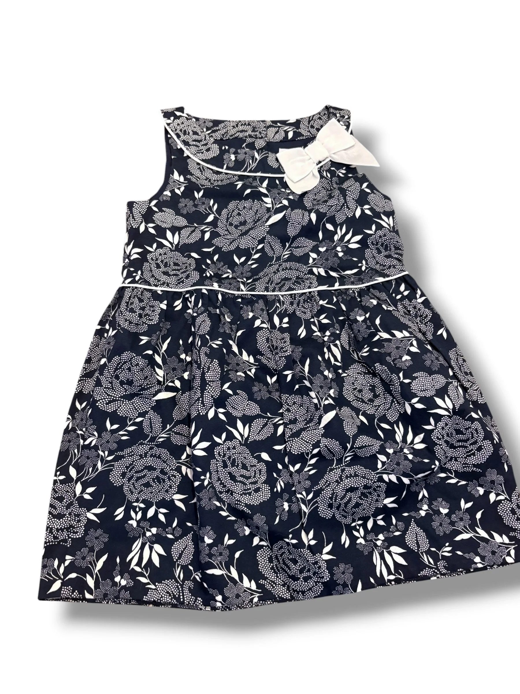 Size 3 Janie and Jack navy/white floral dress w/ white bow at neck