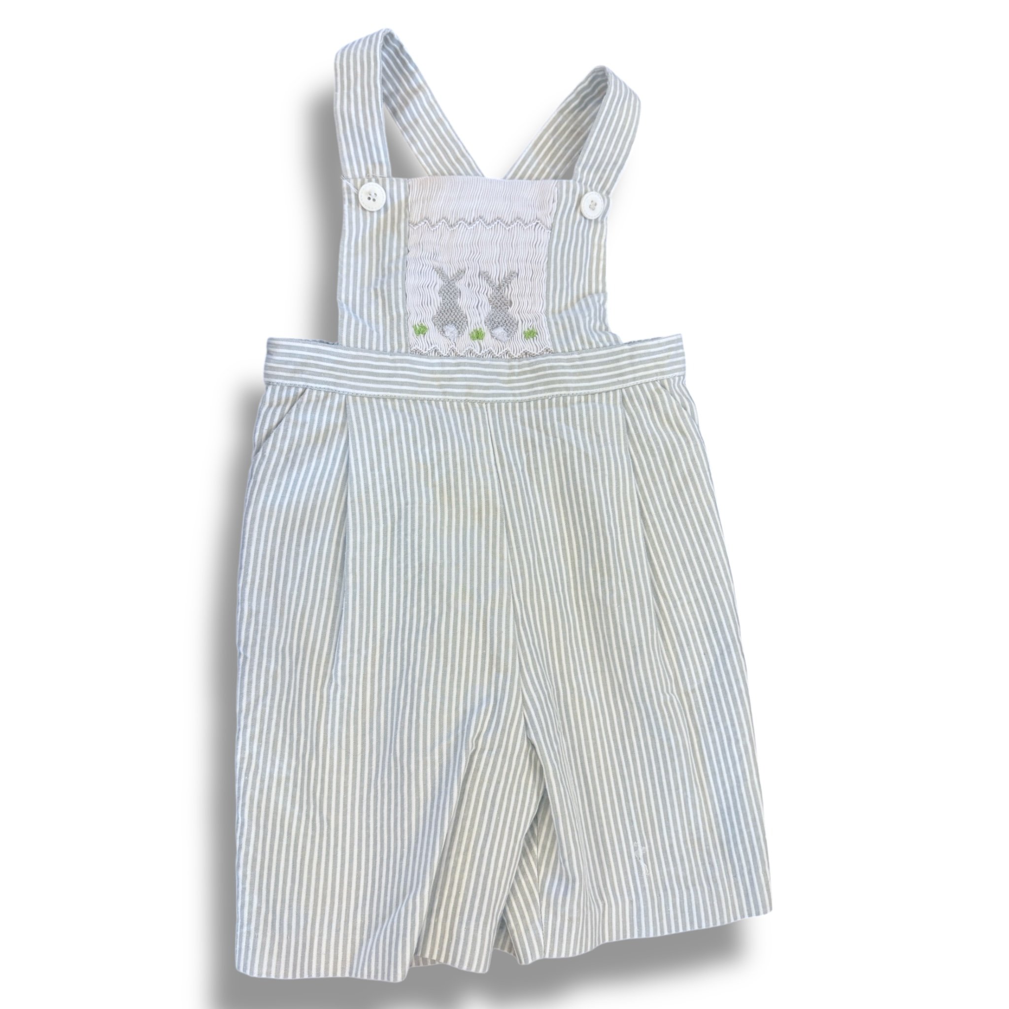 Size 2 Luli gray and white striped shortall with smocked bunnies