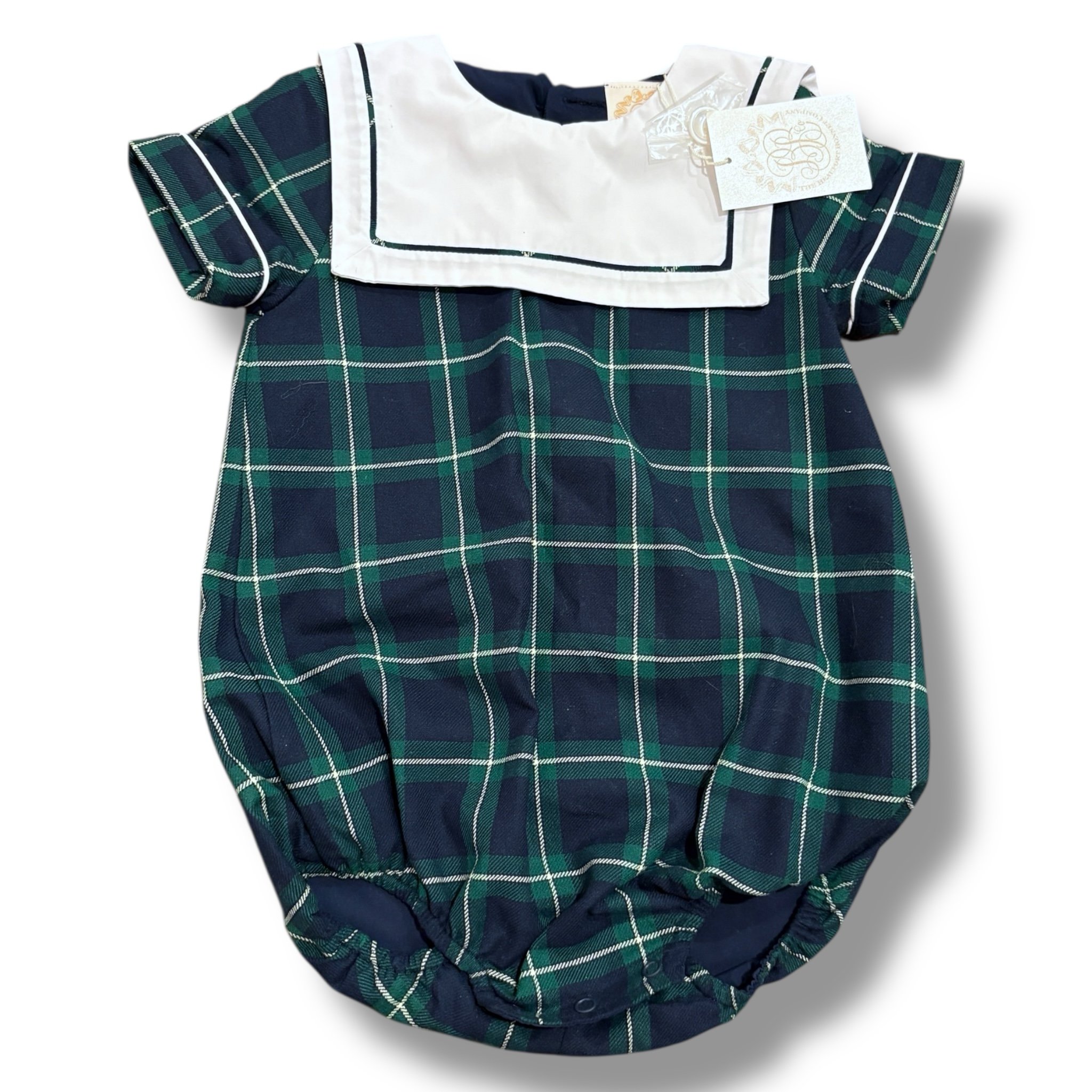 SIze 18-24 month TBBC navy/green plaid bubble with white square neck NWT