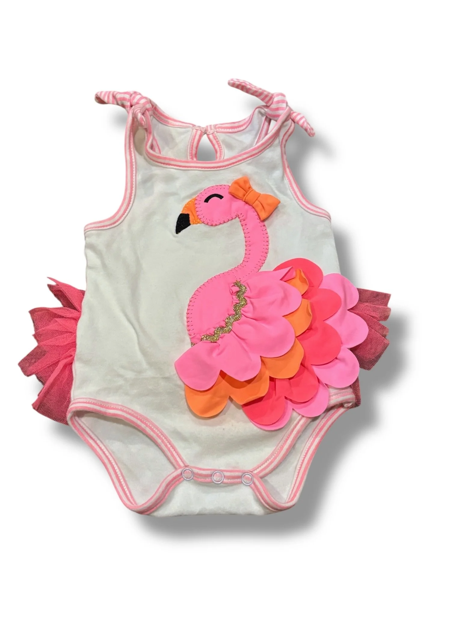 Size 6-9 month Mudpie white onesie  w/ pink tulle ruffles, flamingo applique