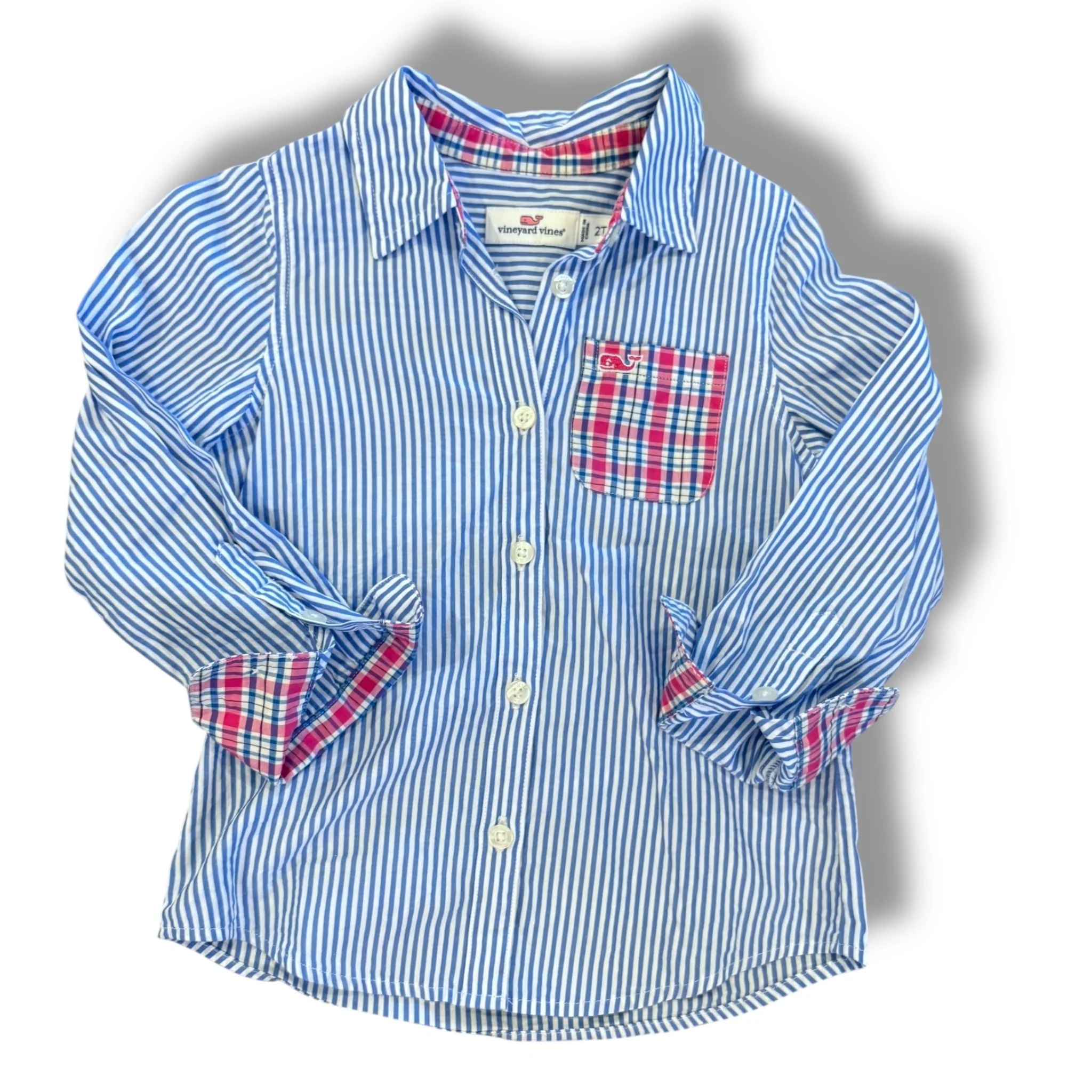 Size 2 Vineyard vines blue/white stripe button up shirt, plaid pocket/cuffs