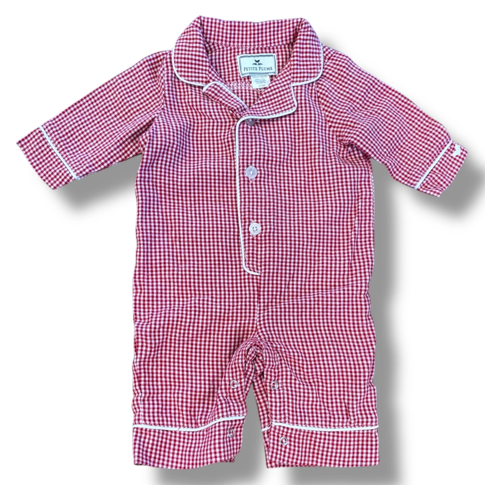 Size 0-3 Petite plume red/white check pajama romper, button up