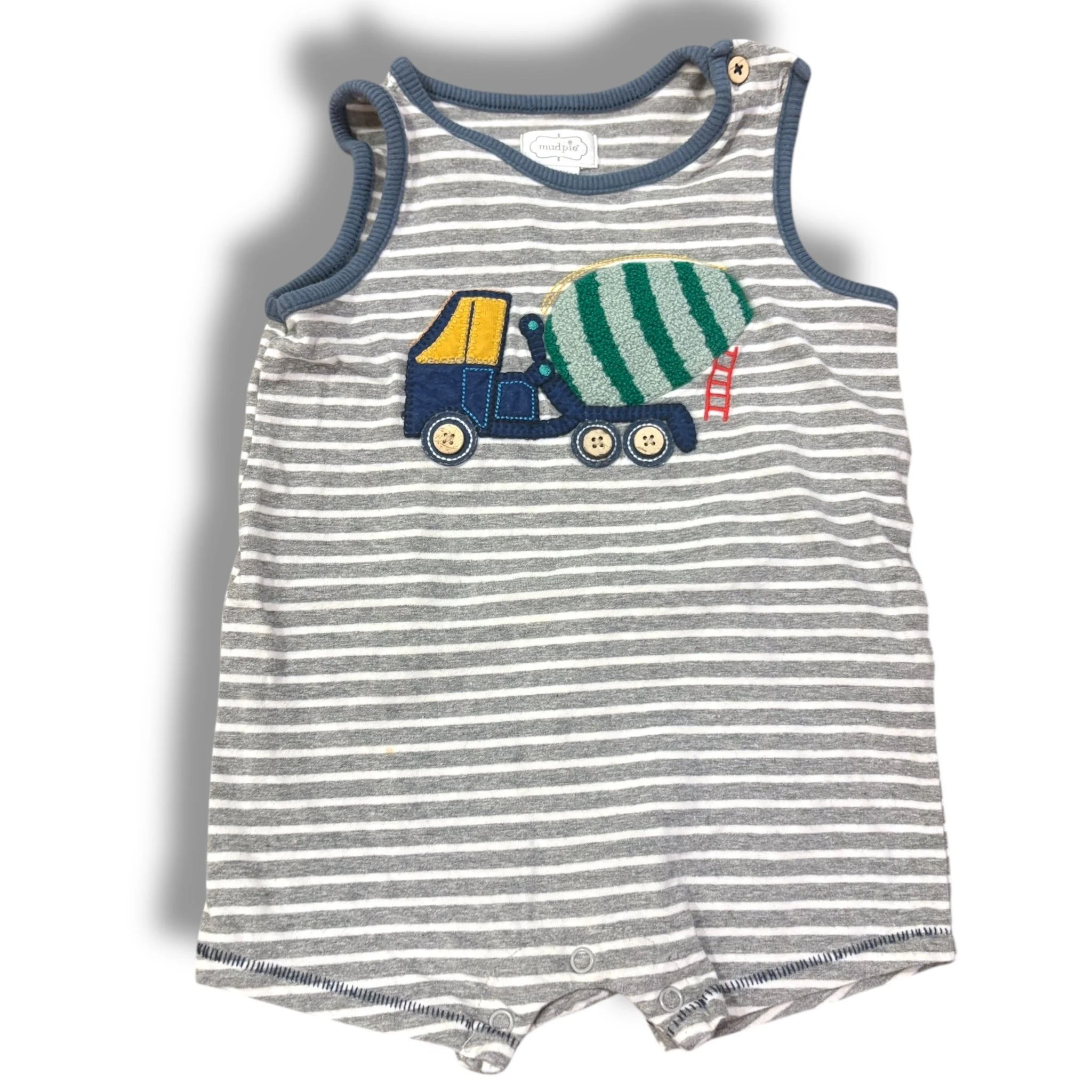 Size 9-12 month Mudpie grey/white stripe knit tank romper with concrete truck