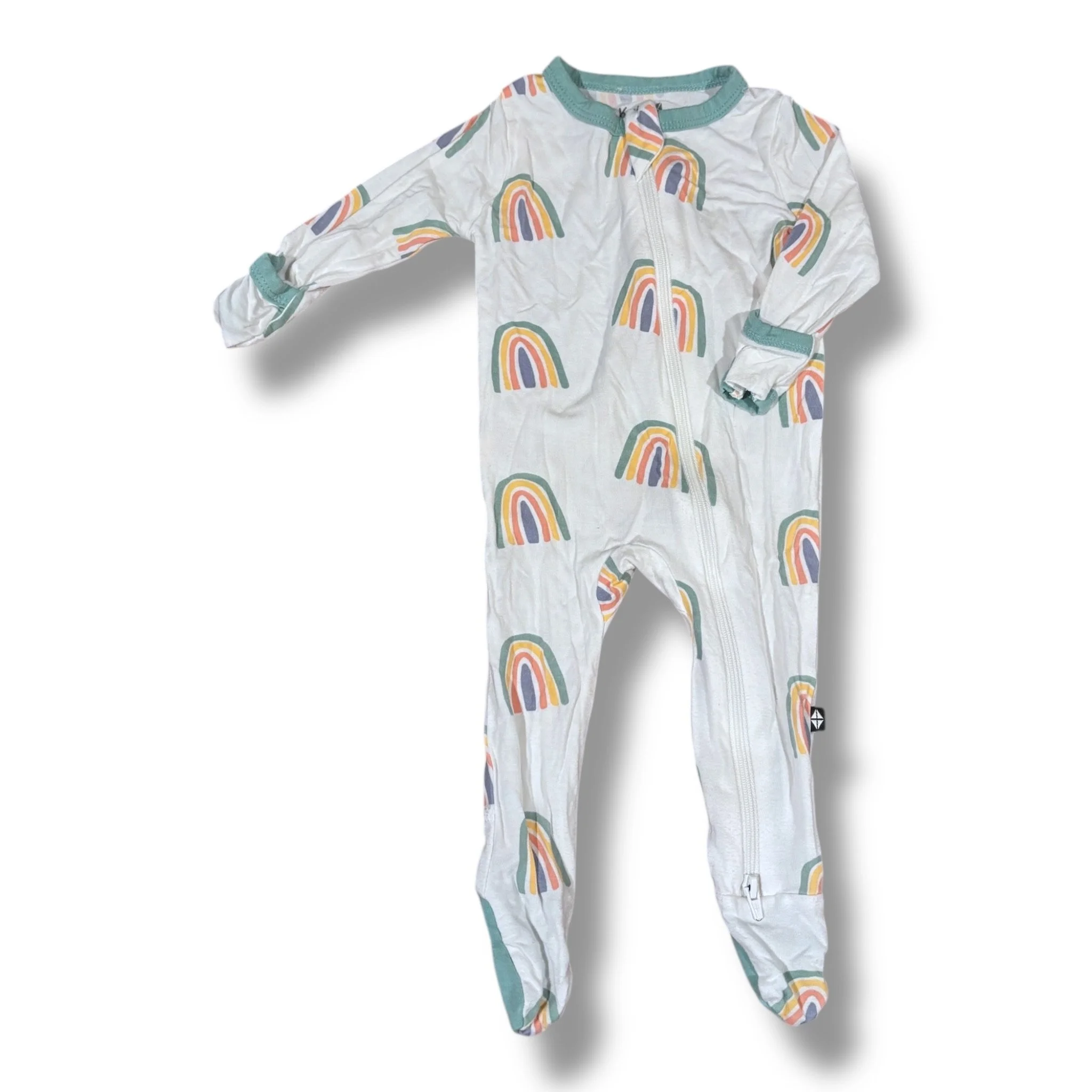 Size 0-3 month Kyte Baby white sleeper w/ rainbows, sage trim