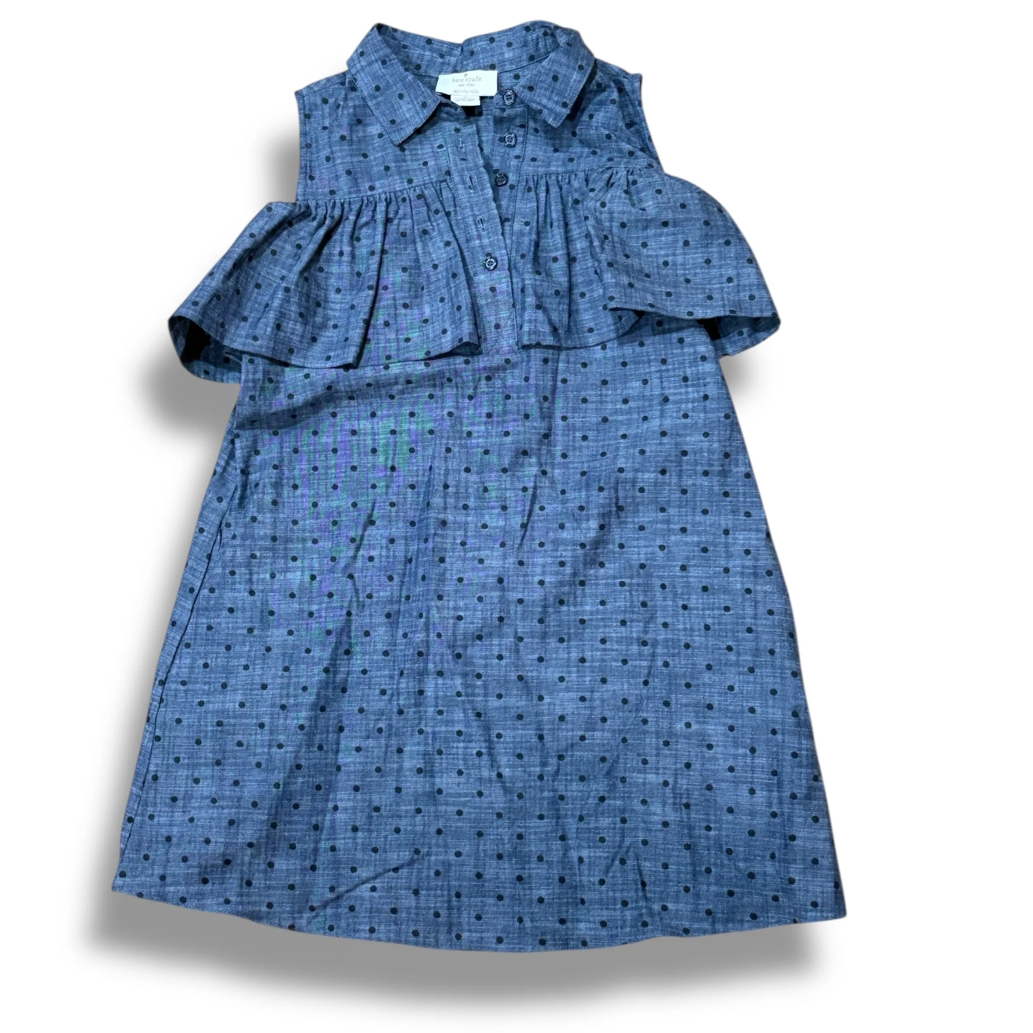 Size 8 Kate Spade chambray tank dress with navy polka dots, with pockets