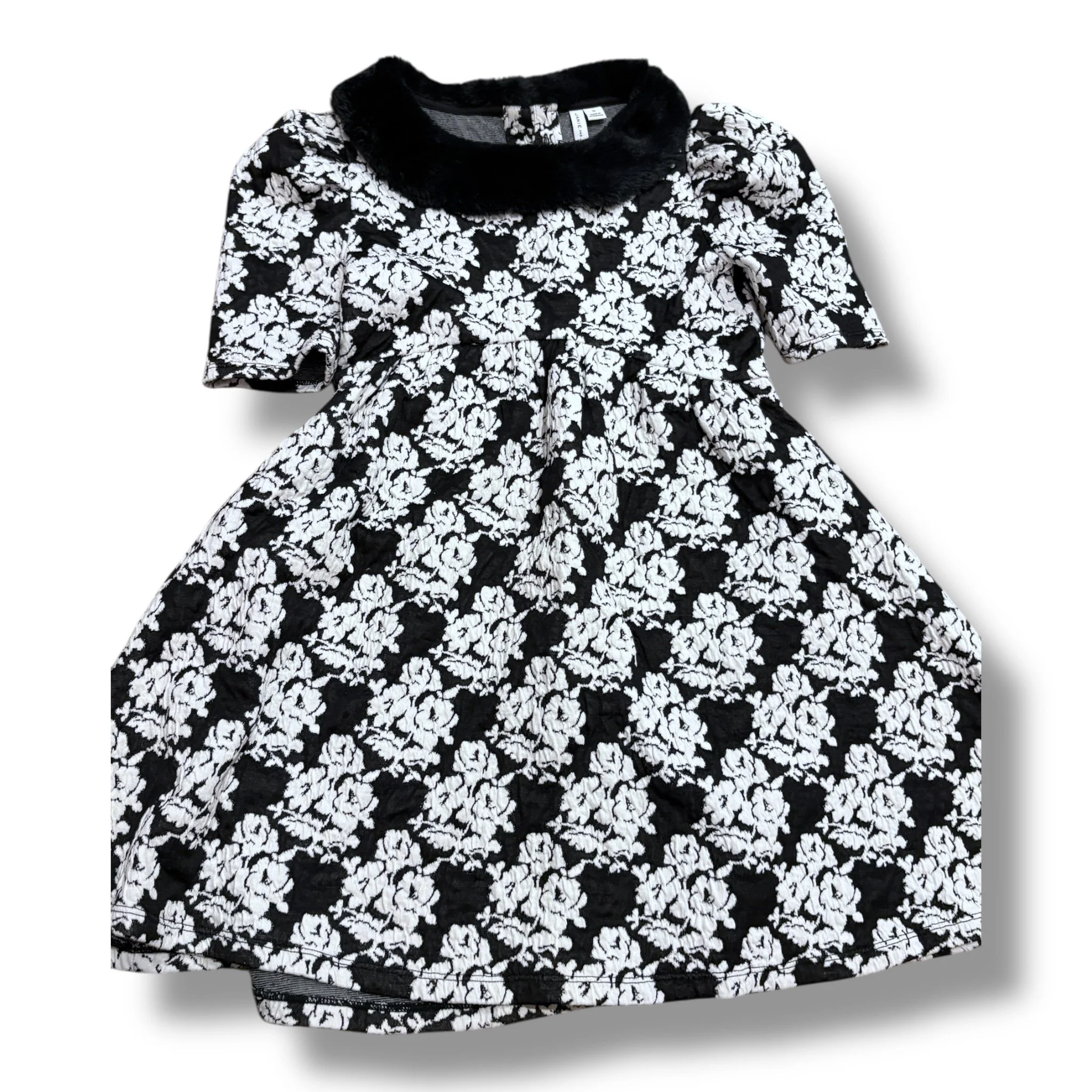 Size 10 Janie and Jack black & white geometric floral print dress w/ fur collar