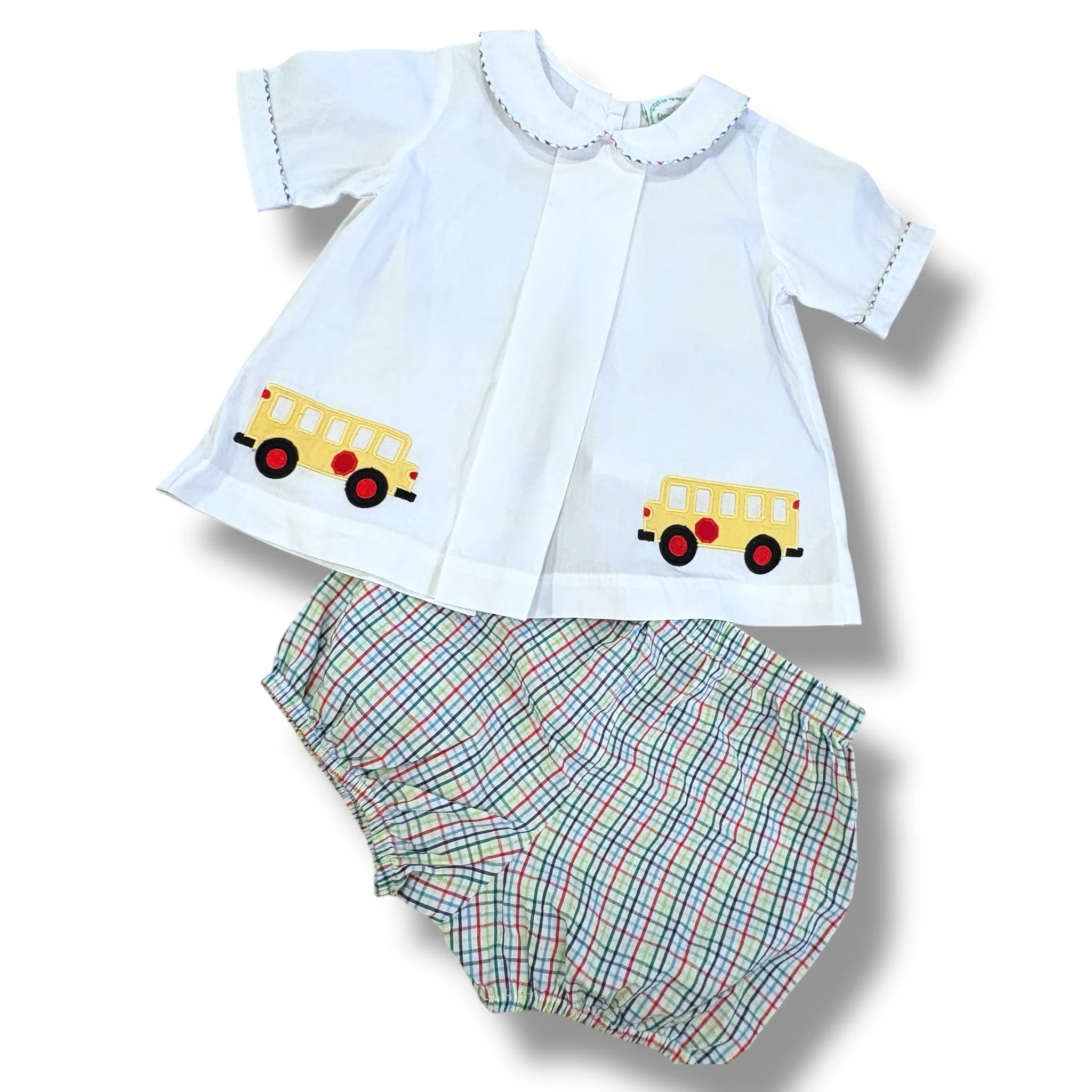 Size 3 Grace and james white peter pan collar top with school bus applique, red/blue/green plaid trim bloomers