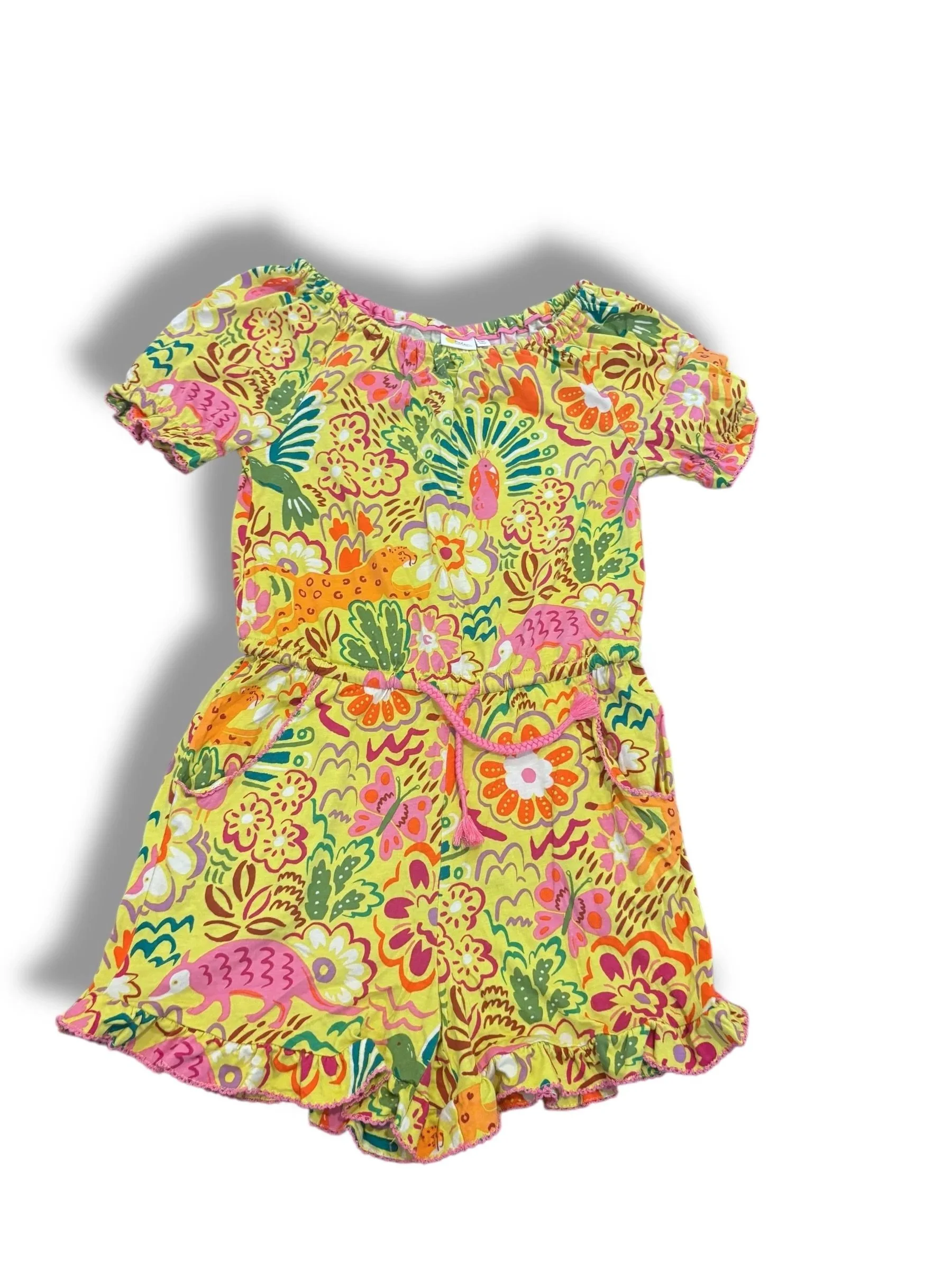 Size 9-10 Boden yellow romper w/ pink/green/orange jungle animals, flowers