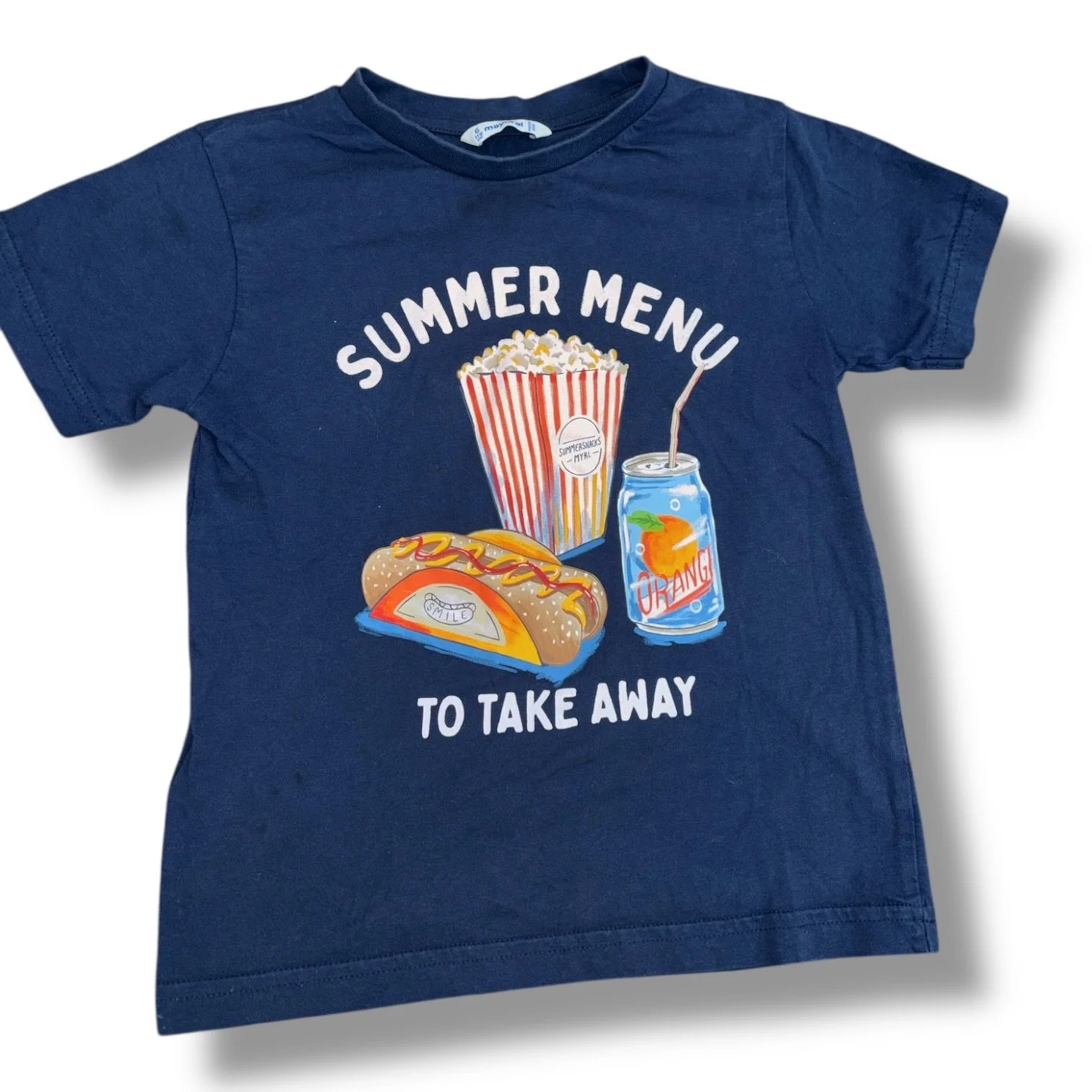 Size 6 Mayoral navy tee w/ “Summer Menu” and popcorn, hotdog, soda