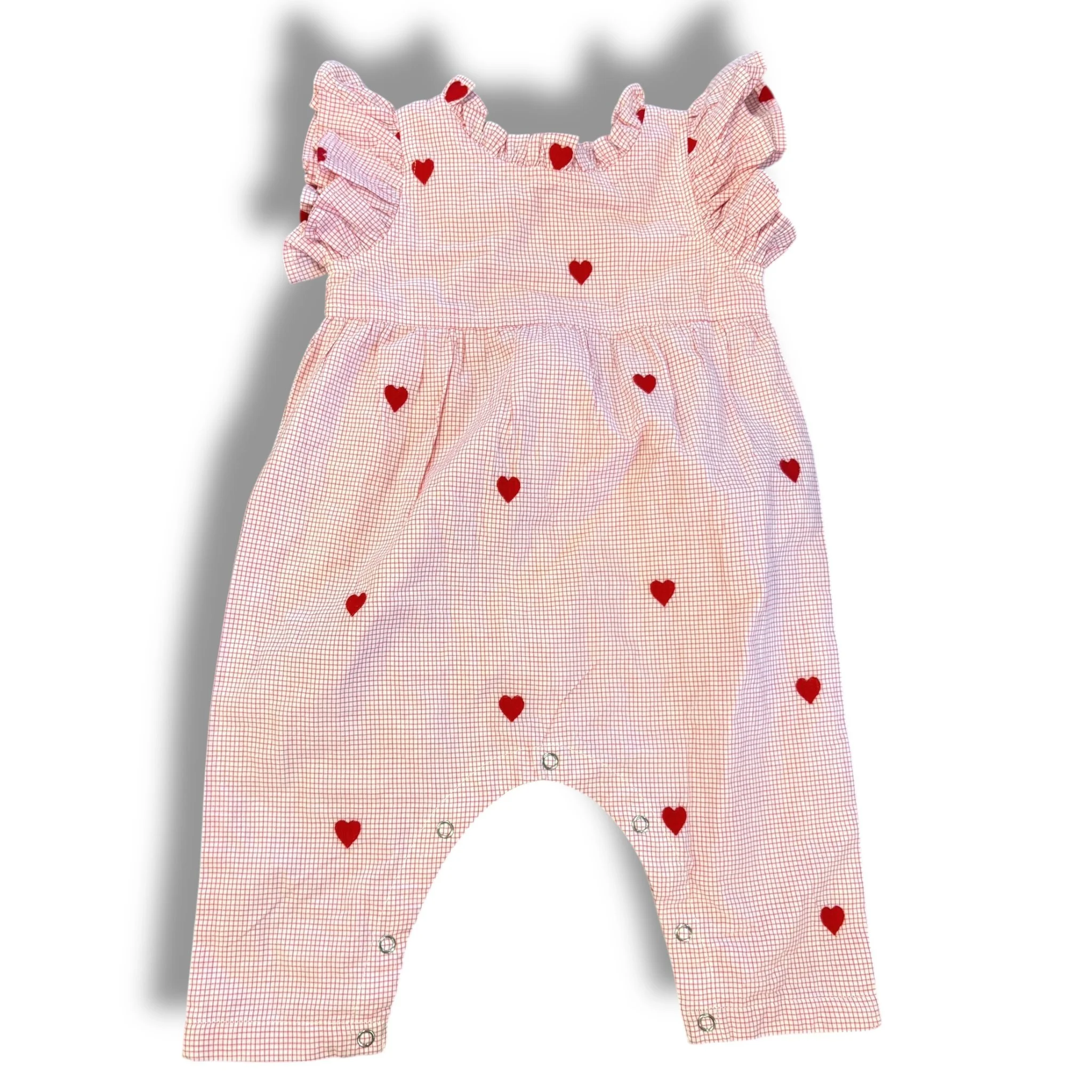 Size 6-12 month Pink chicken pink/white check, heart embroidered romper