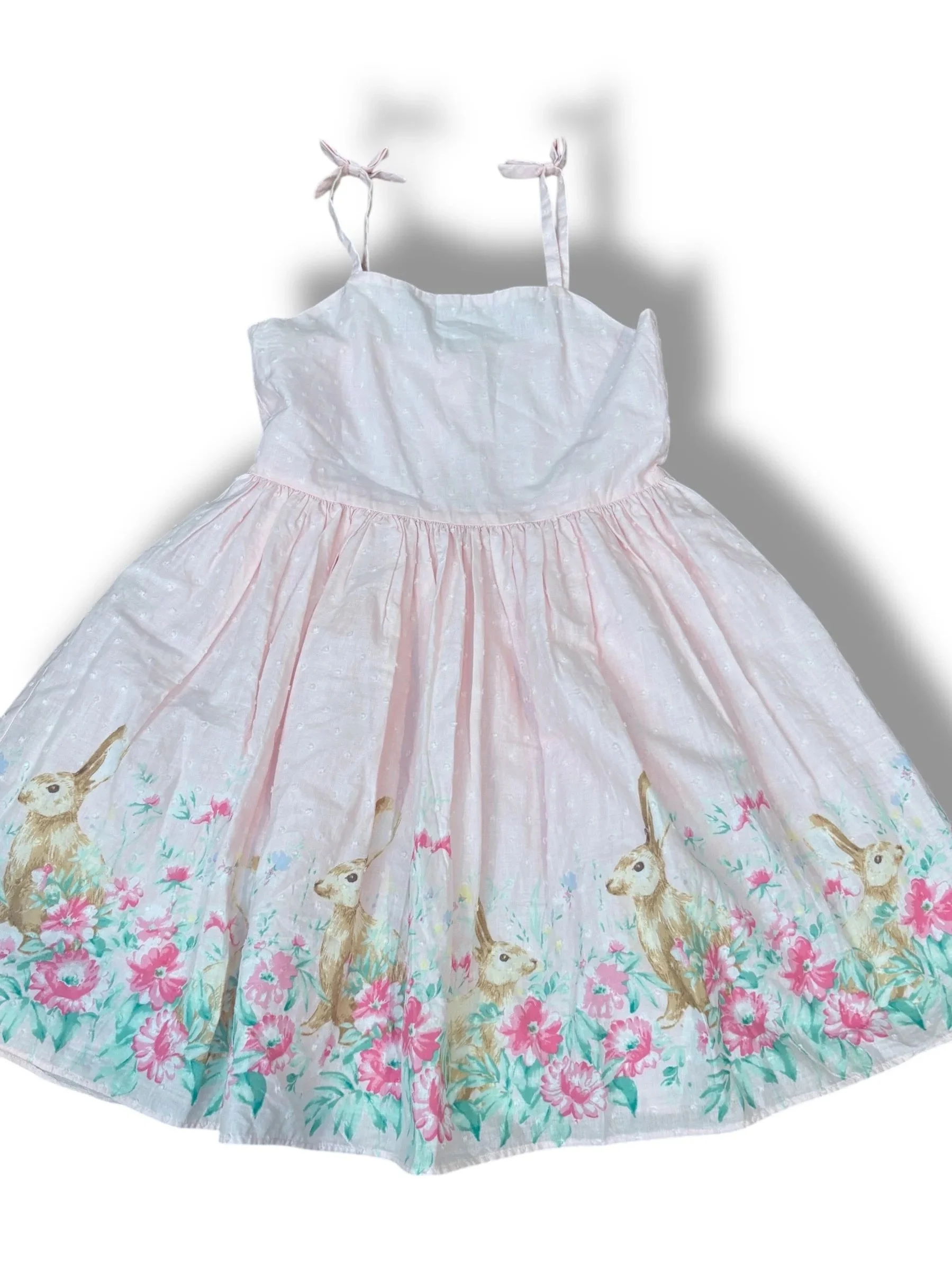 Size 10 Janie & Jack light pink swiss dot thin-strap dress w/ bunnies/flowers on hem