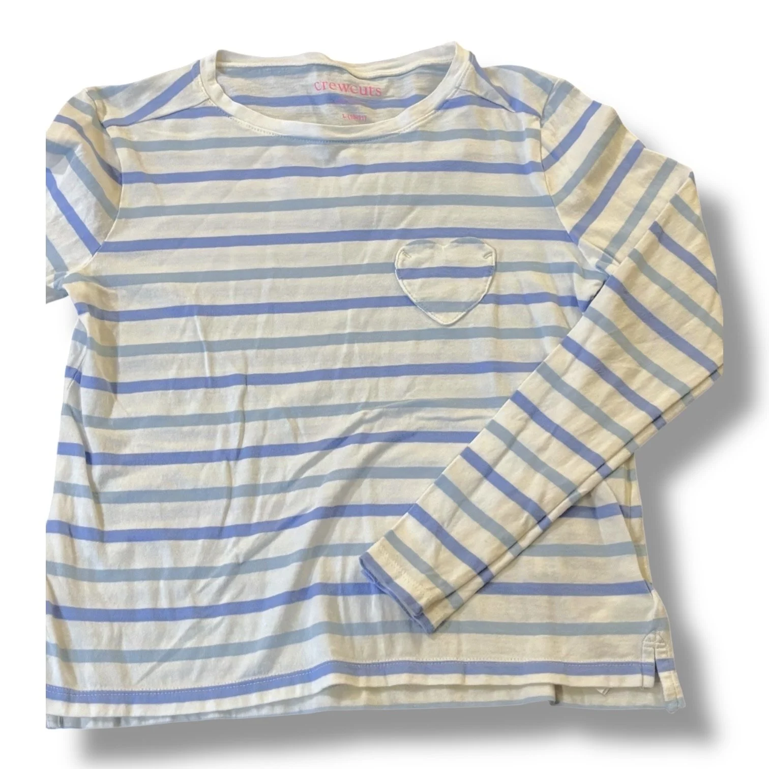 Size 10-11 (L) Crewcuts two-tone light blue/white striped long-sleeve tee w/ heart pocket