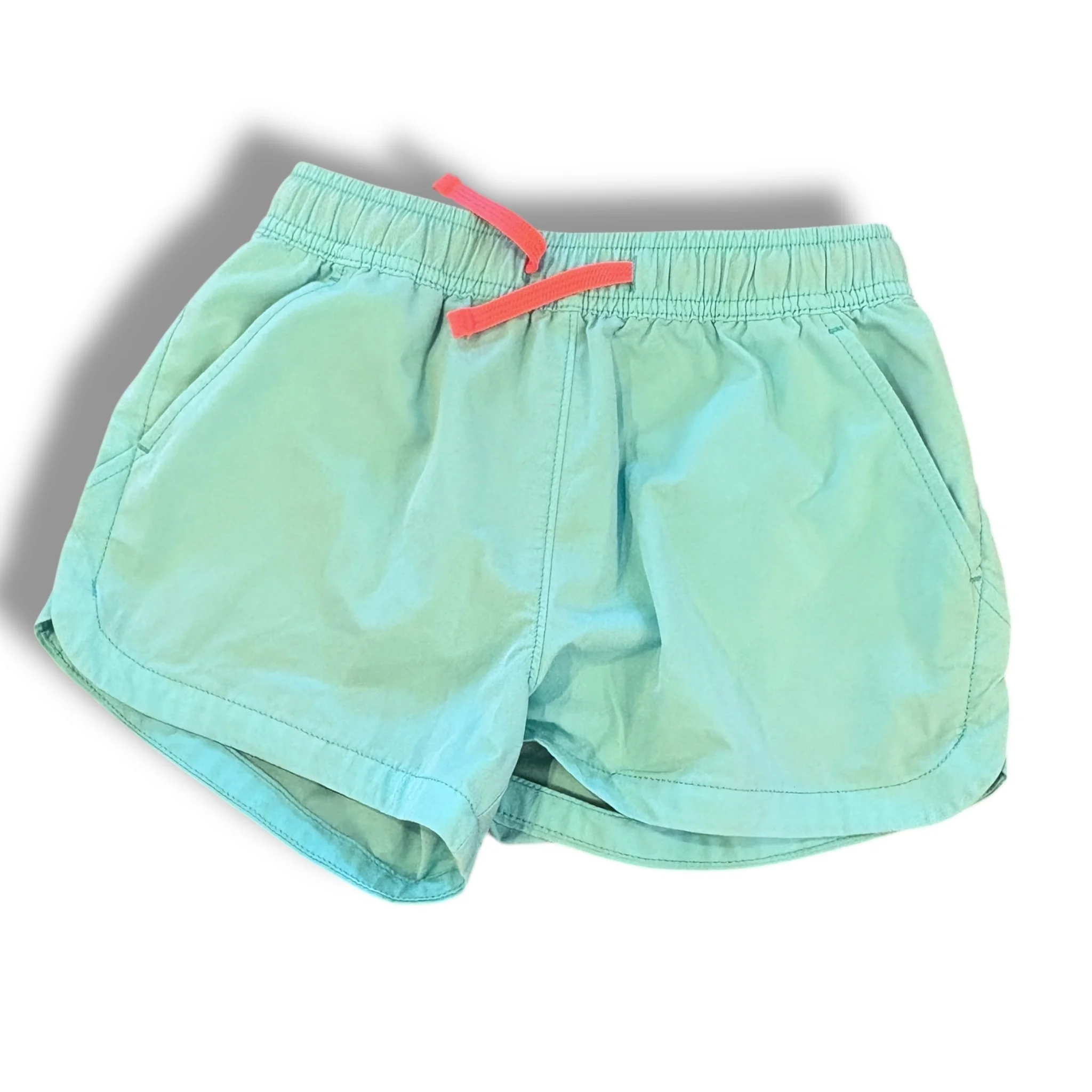 Size 8 Crewcuts aqua performance shorts with neon pink ties