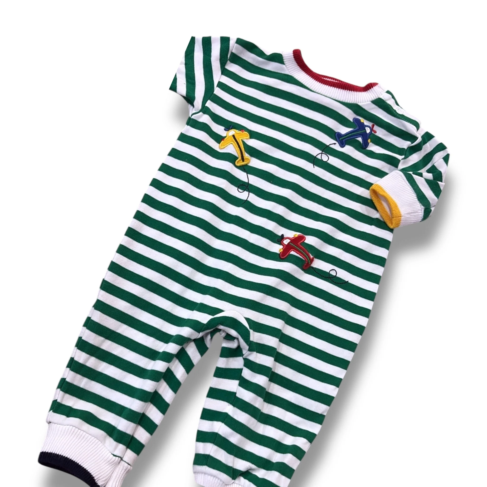 Size 6 month Florence eiseman green/white stripe romper with airplanes