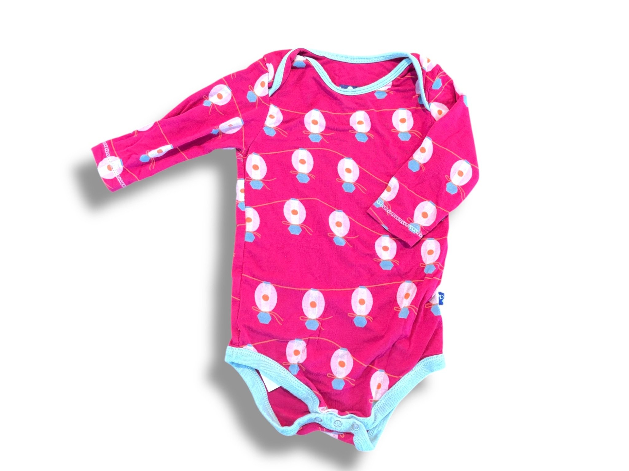 Size 18-24 Kickee Pants long-sleeve magenta onesie w/ pink/blue flowers, sage trim