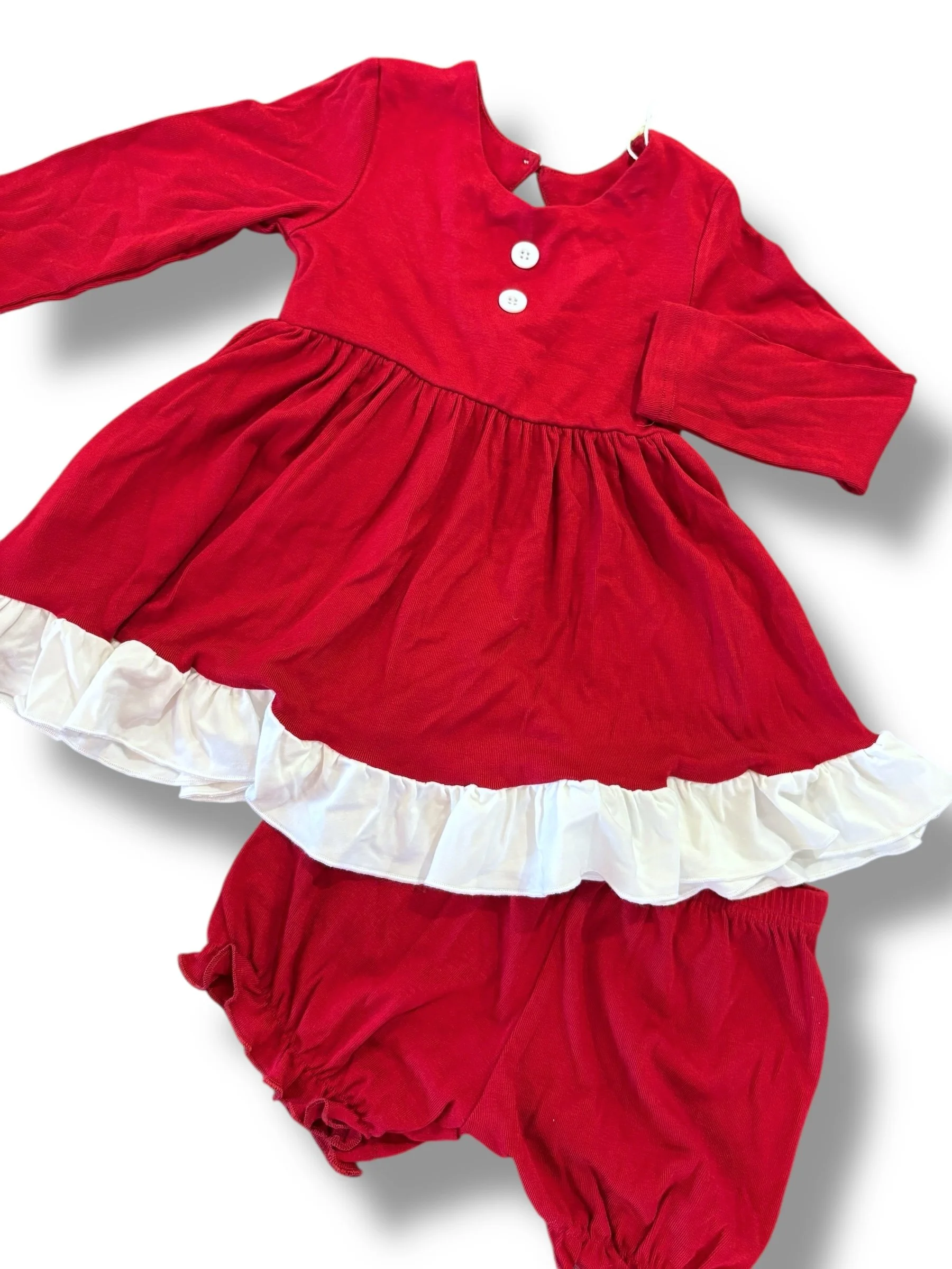 Size 2 Bella rose red long sleeve knit dres with white trim, bloomers NWT