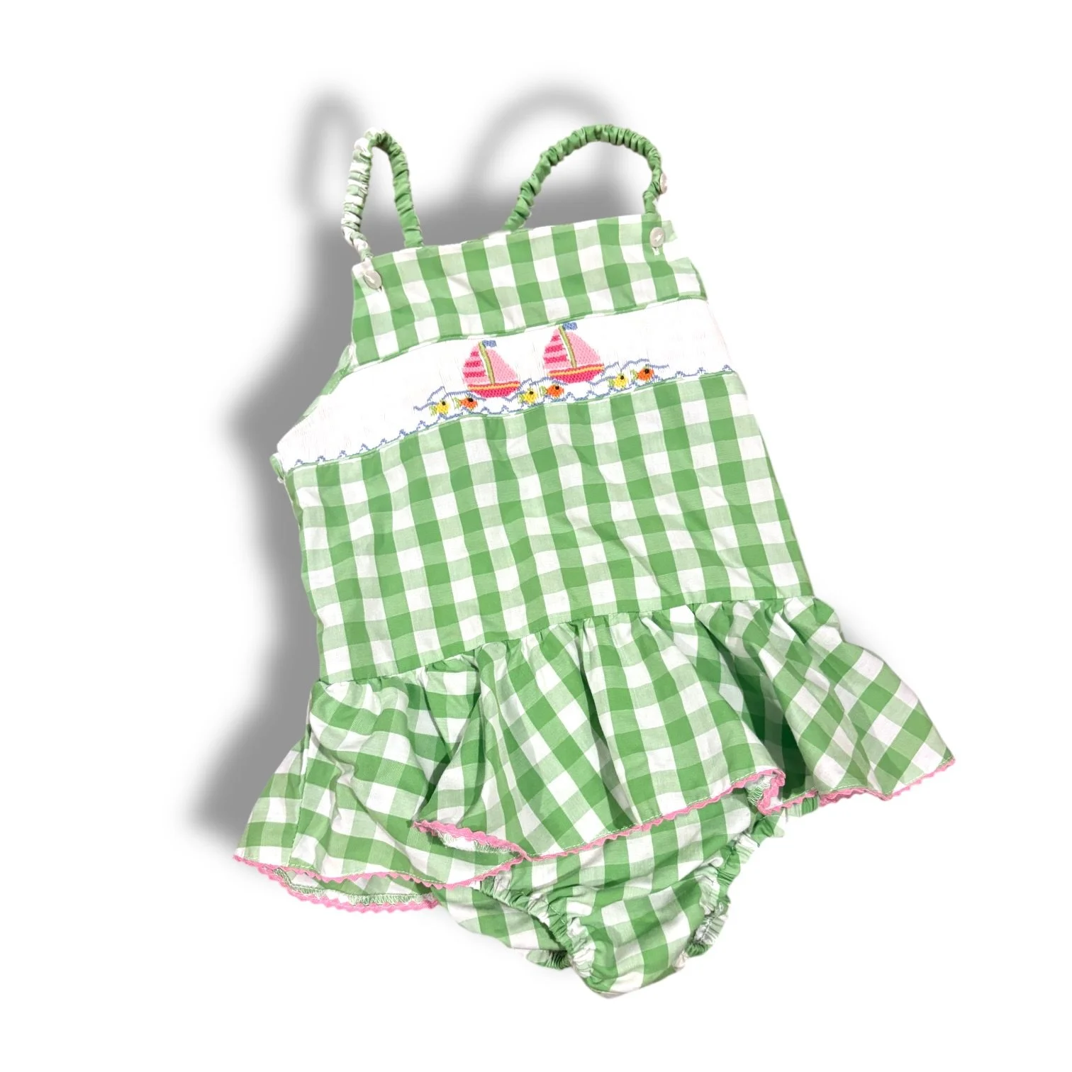 Size 5 Southern Sunshine green/white gingham sunsuit w/ smocked sailboats/fish