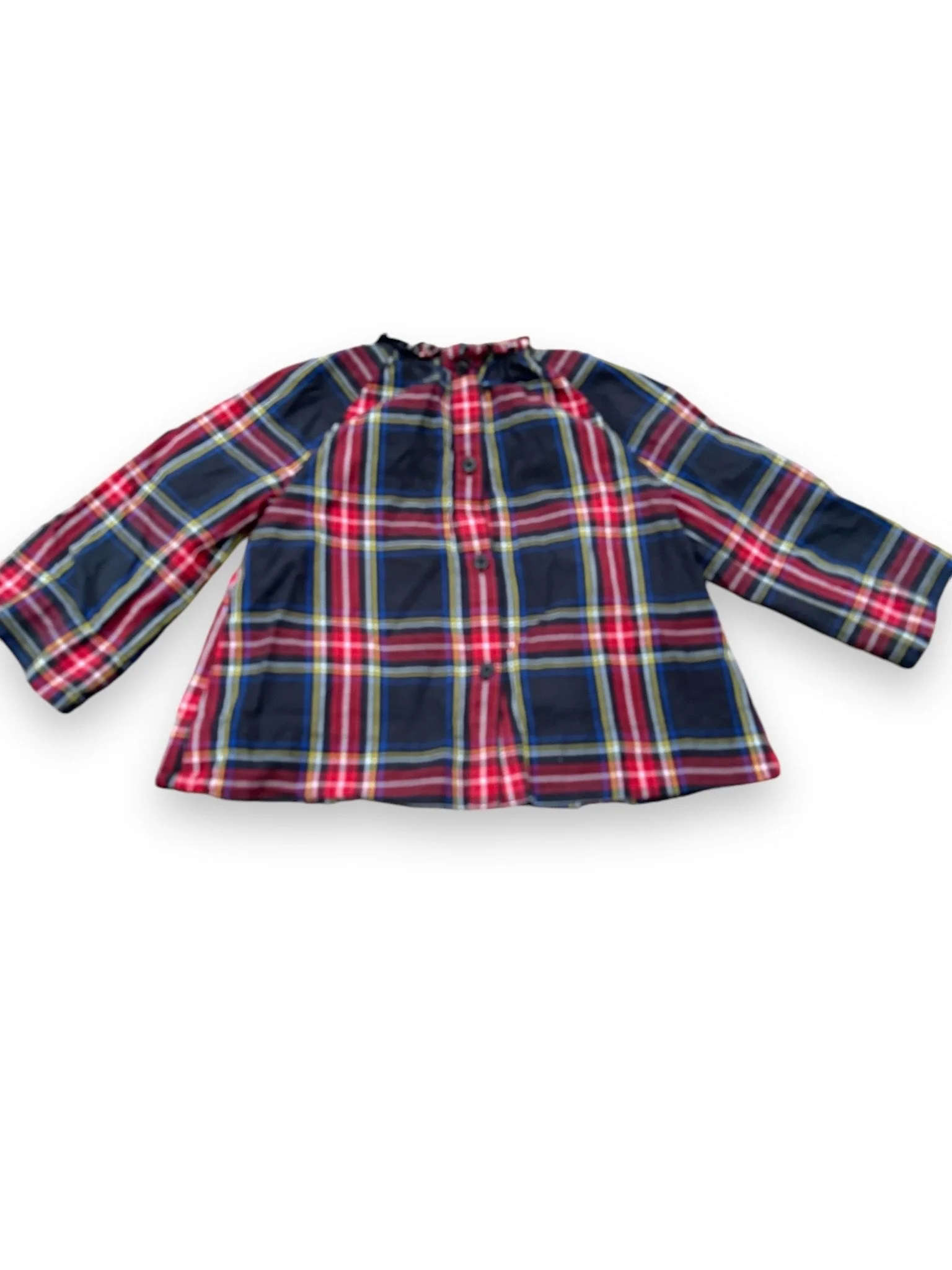 size 2 Hanna Andersson navy plaid button up long sleeve shirt with yellow, green and red stripes