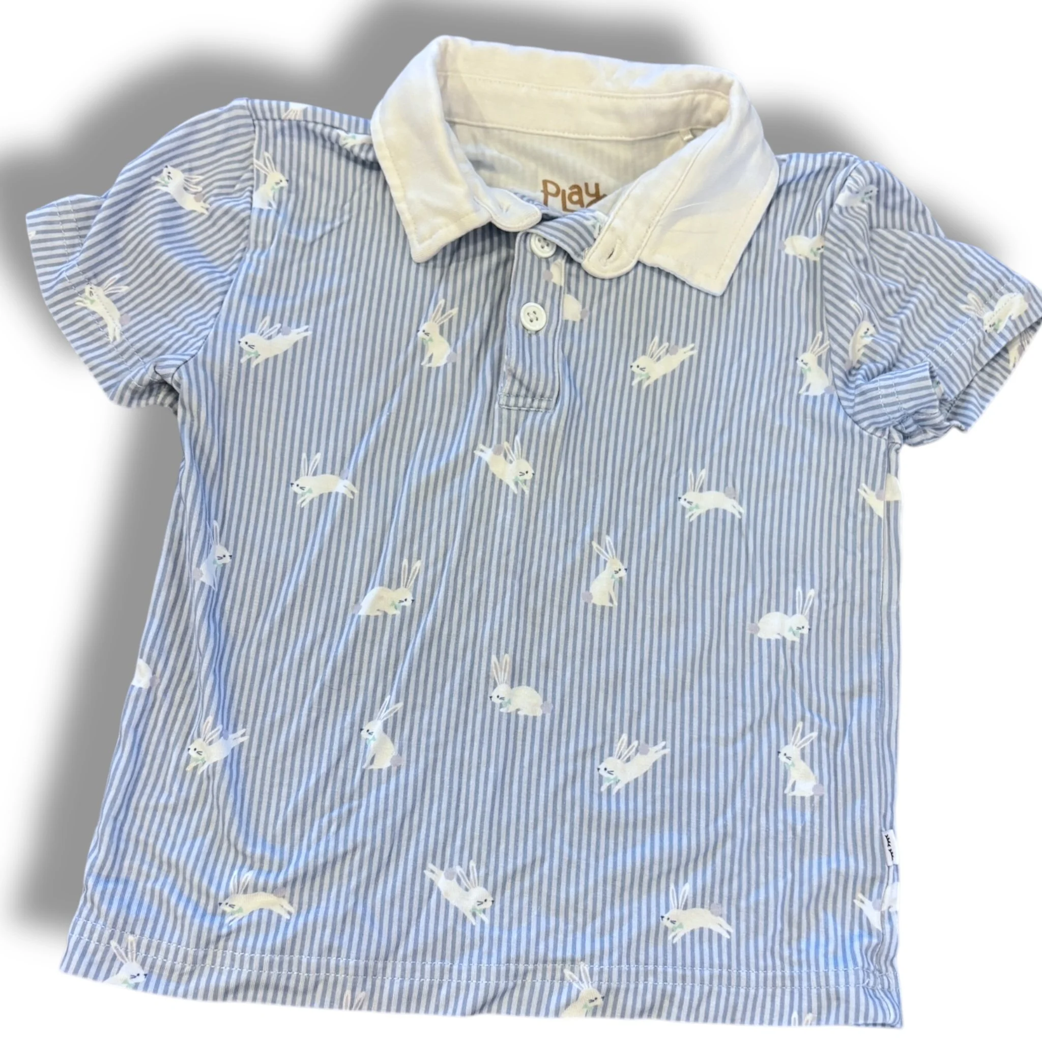 Size 2 Play by little sleepies blue stripe polo with white collar, bunnies
