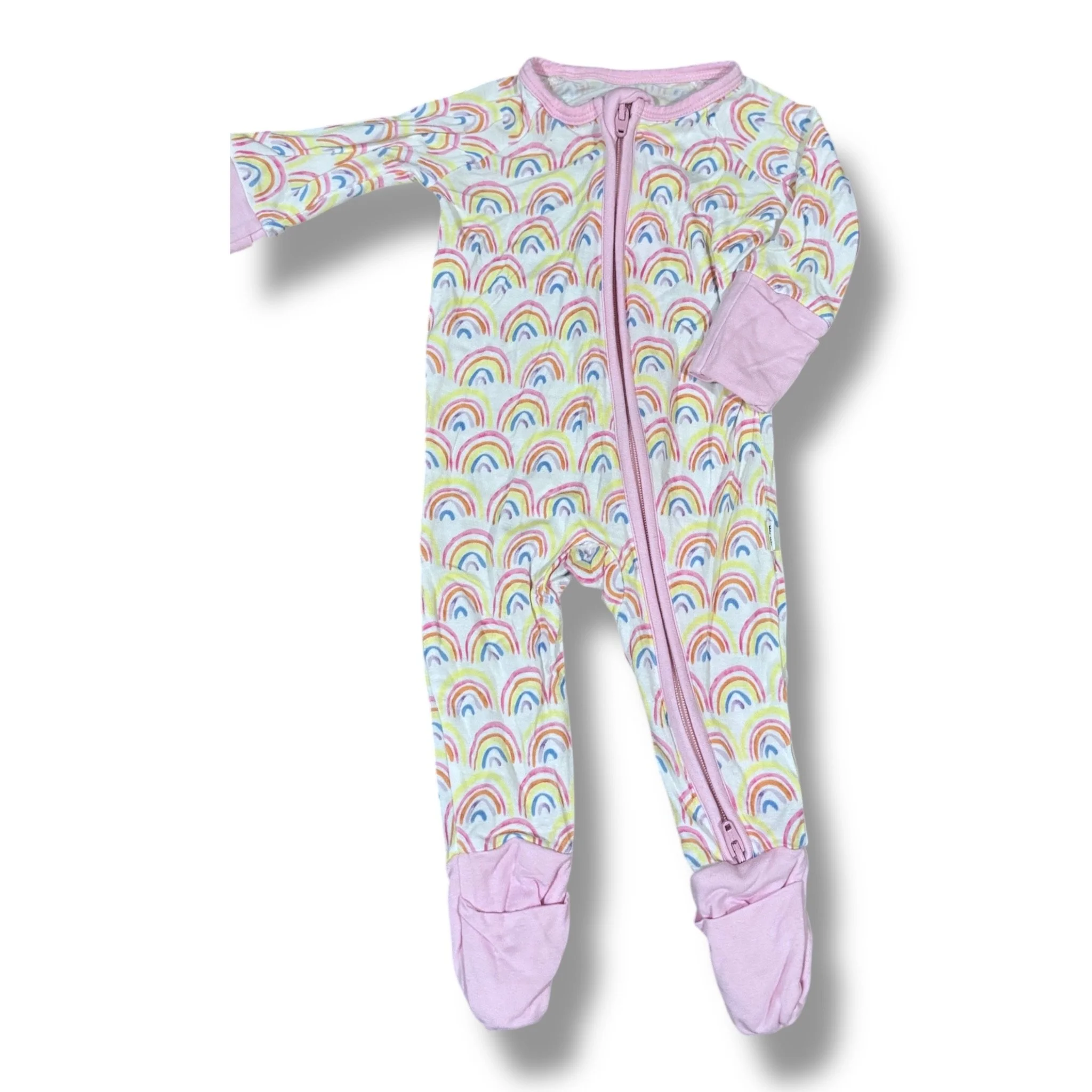 Size NB Little Sleepies white sleeper w/ rainbows, pink trim