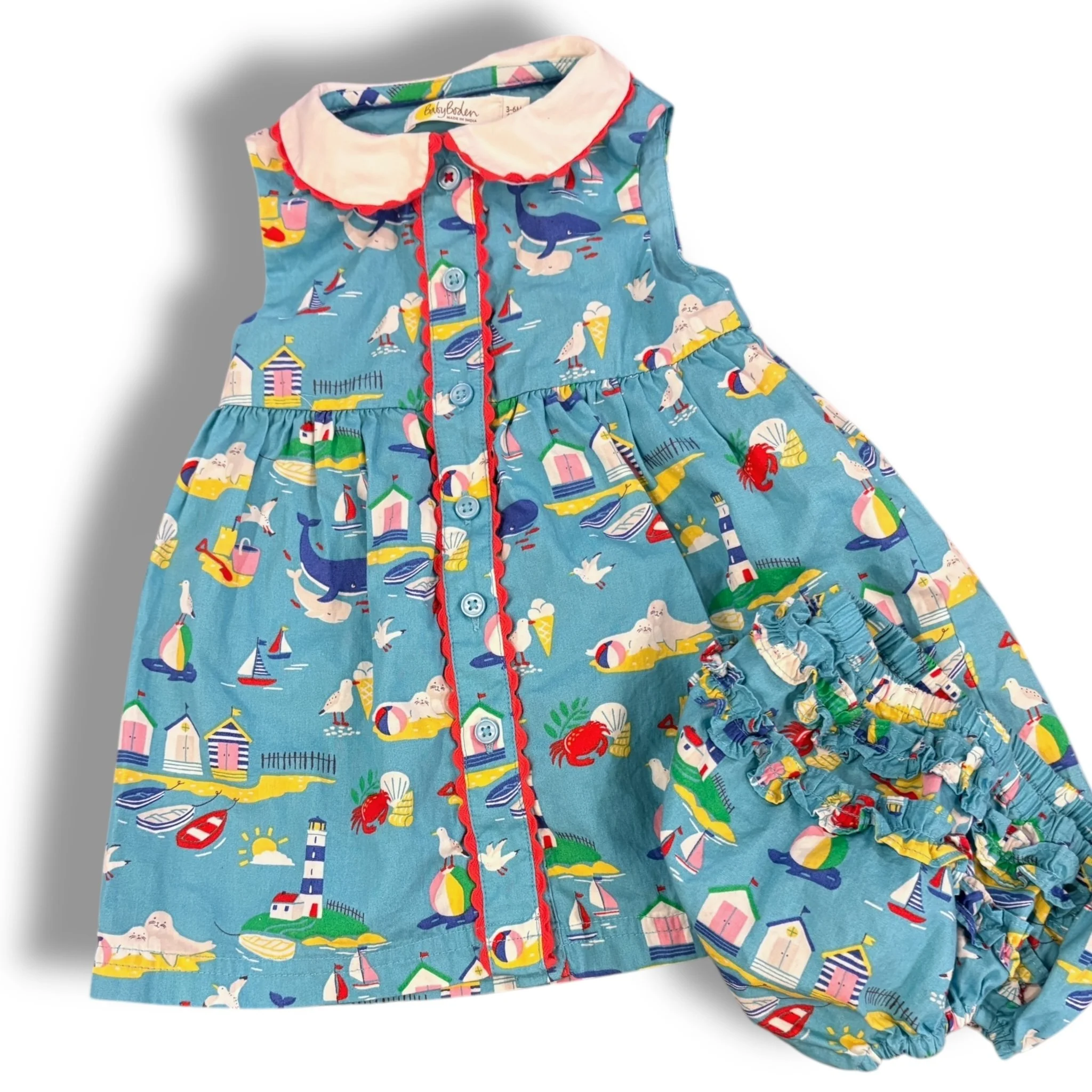 Size 3-6 month Boden blue dress with sea pictures, white collar red trim
